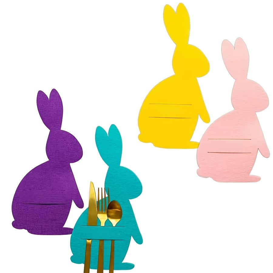 

4pcs Easter Bunny Felt Cutlery Holders - Cartoon Rabbit Knife & Fork Pouches For Dining, Kitchen, And Party Decor