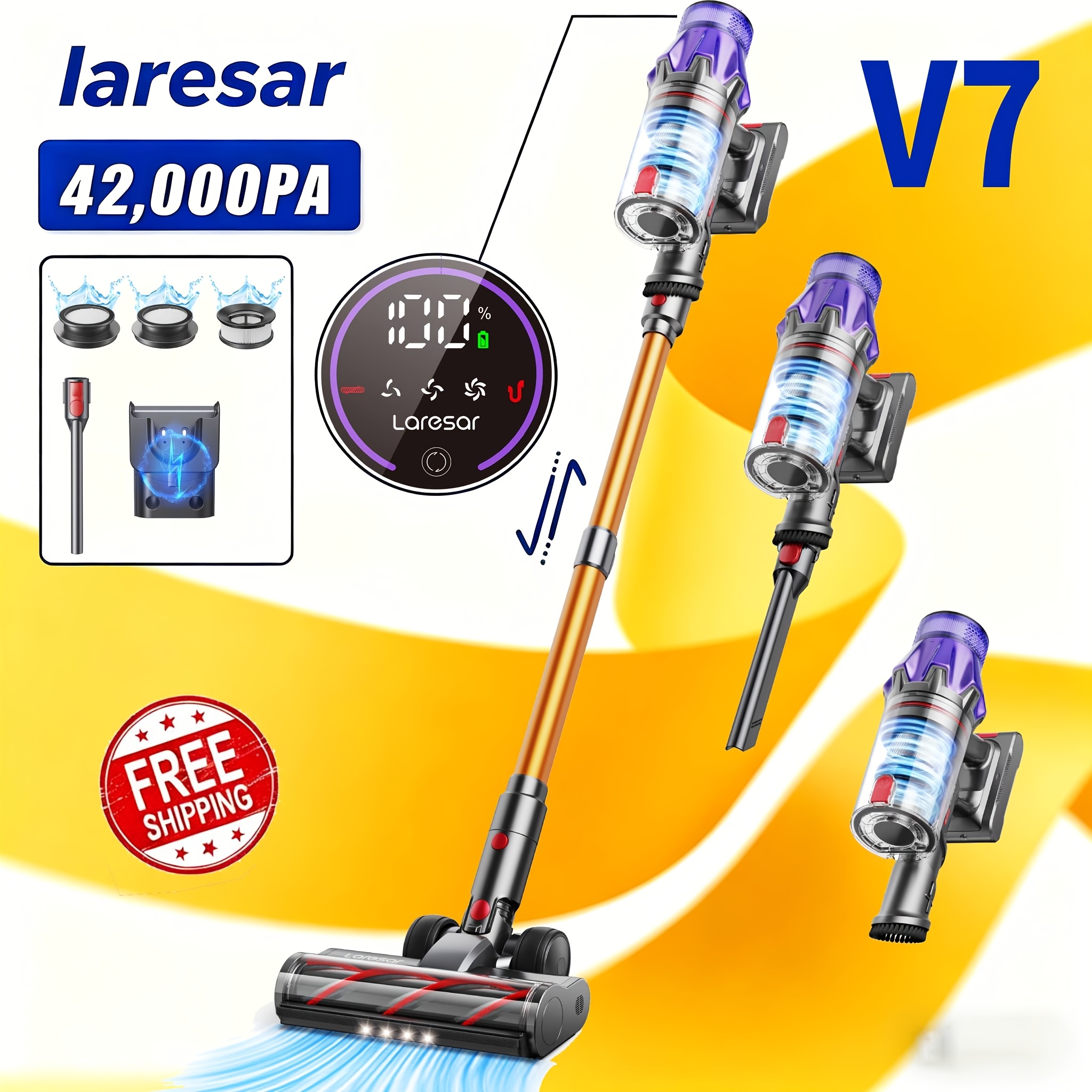 Image of Laresar V7 High-performance Cordless Vacuum Cleaner 42kpa/500w, Self-standing, Wall Charging Station, 60min , 1.5l With Led Display, 8-layer Filtration, , Household Vacuum Cleaners For Pet Hair