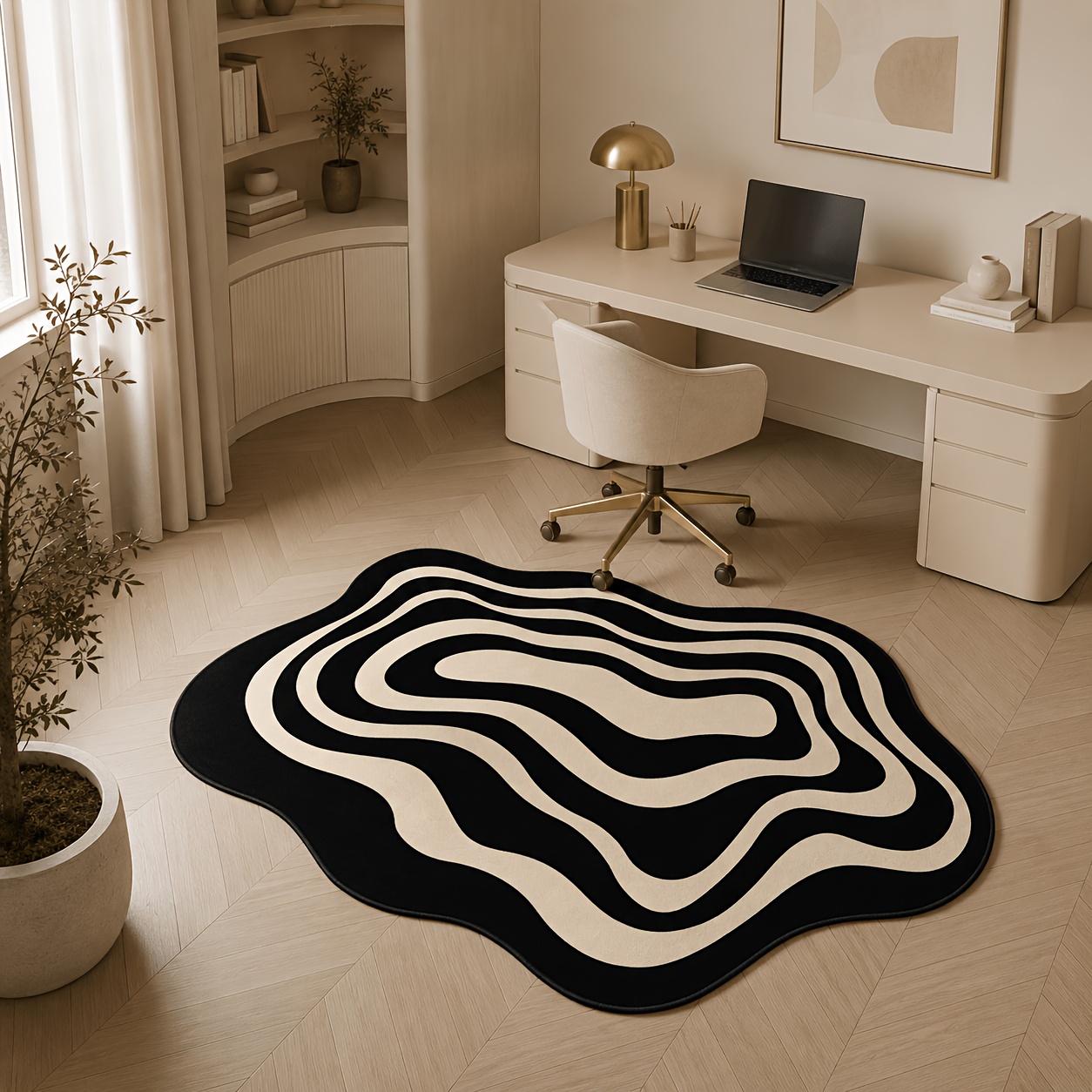 TEMU 1pc Of Creative, High-end, Luxurious Black And White Contrast Stripe Cross Pattern Rug, Irregular Shape, With Simple And Creative Linear