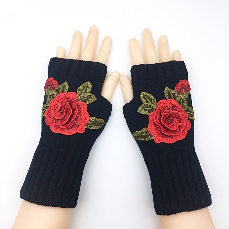 Slip-resistant, Warm, Windproof, Fashionable Knitted Glove With Floral Embroidery