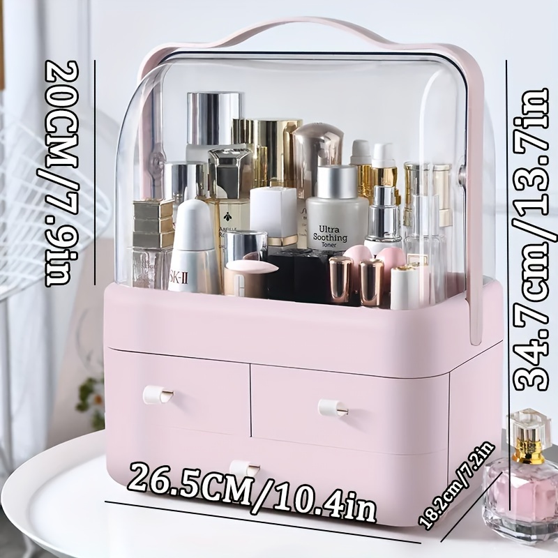 TEMU 1pc Large Capacity Makeup Case With Dual Opening, Cosmetic Display Box With Storage Drawers, Clear Top Organizer For Bathroom Counter, Vanity, Bedroom