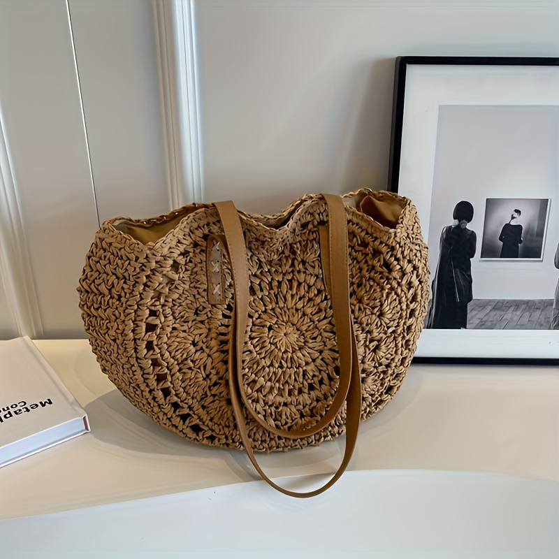 large capacity woven straw tote bag beige brown   beach vacations summer   and casual use beach tote bag elegant casual bag woven straw construction beach bag details 1