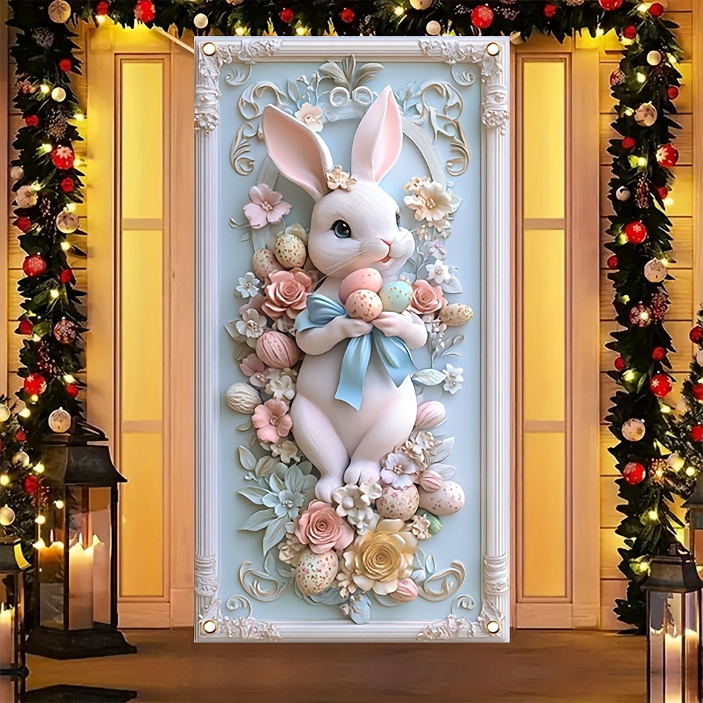 

2d Door Banner, 1pc Easter Bunny Door Cover Decoration – With Floral Egg Design, 89.92x179.83cm, Polyester Fabric, Holiday Parties, Easter, And Outdoor , No Power Required