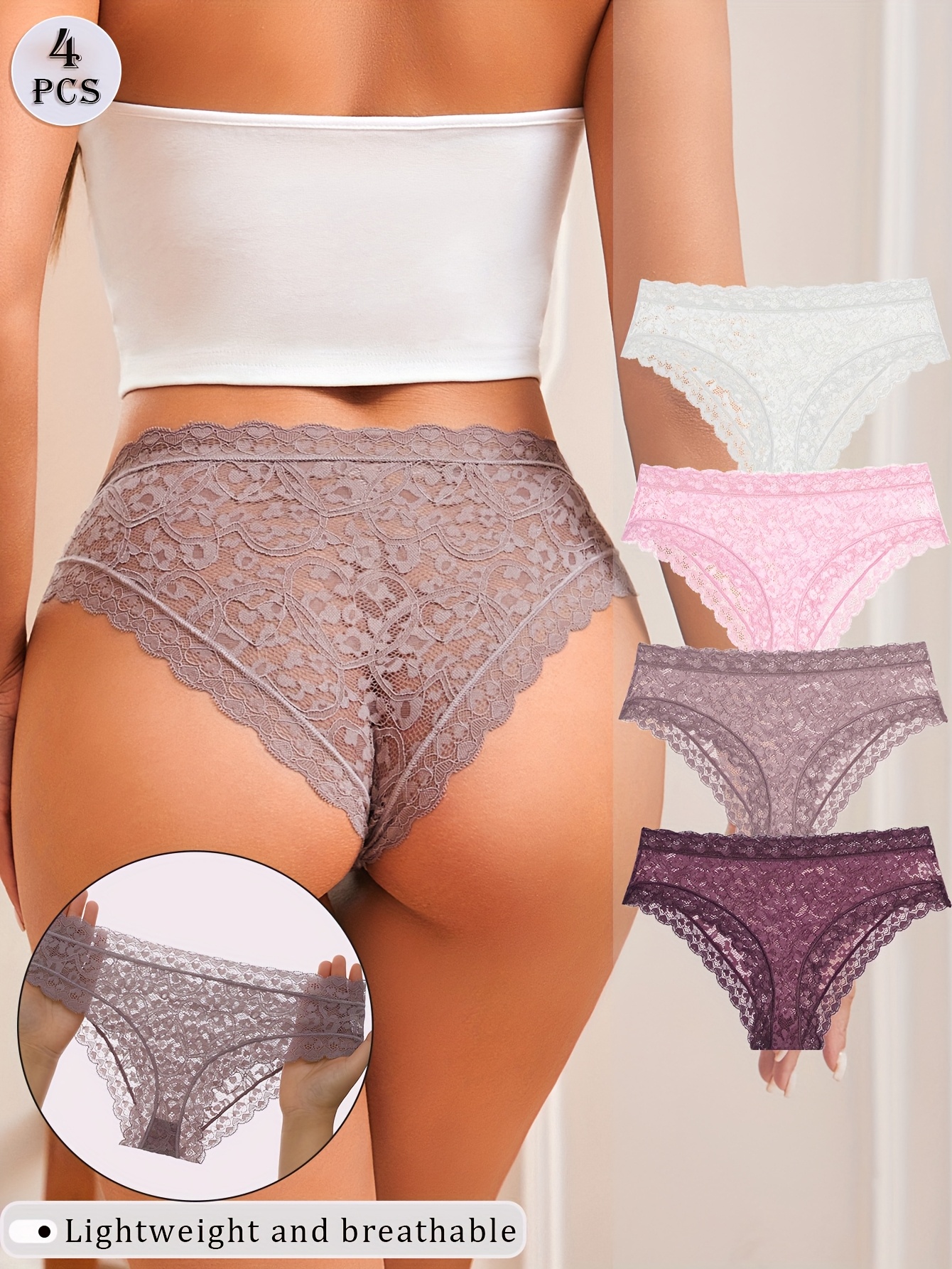 4pcs Women'S Comfortable Romantic Full Lace Pattern Triangle Panties, Sexy Sheer Women'S Underwear, Love Lace Pattern Hollow Out Design