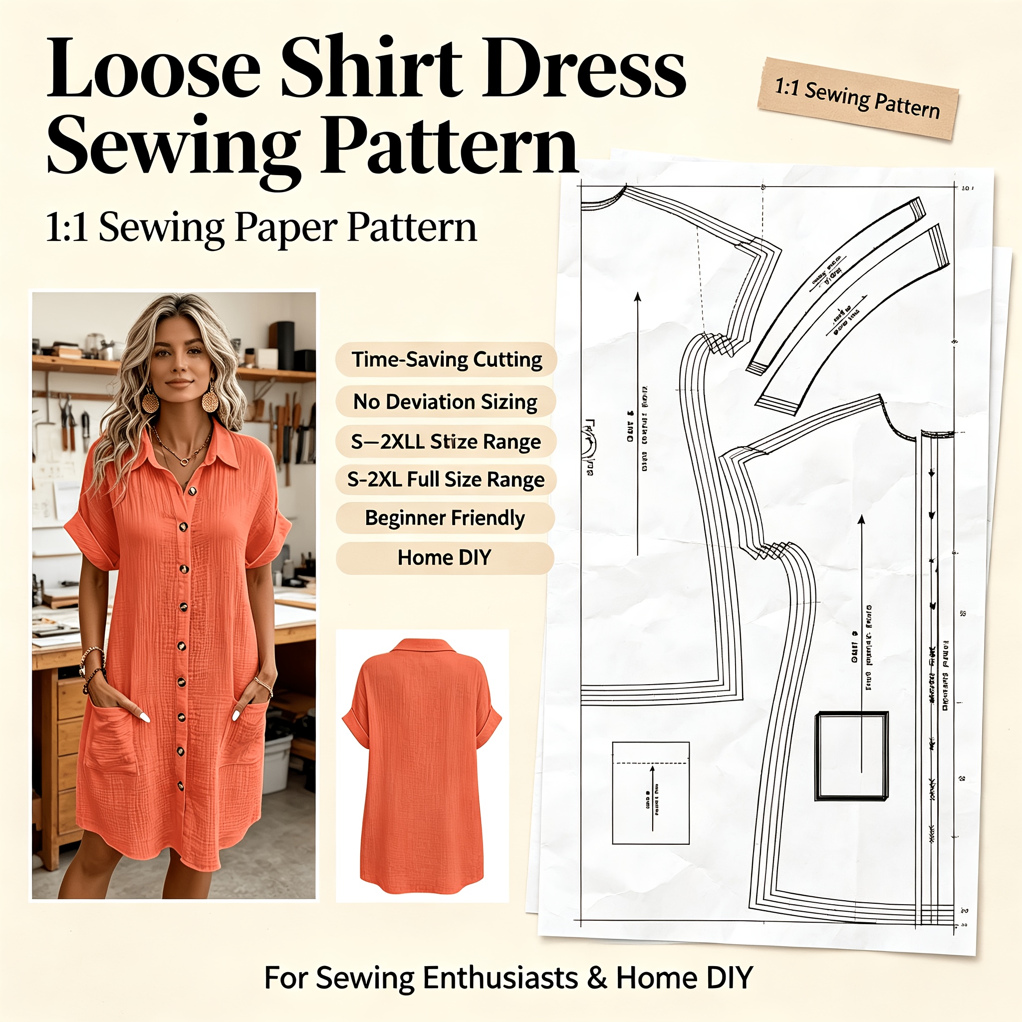 TEMU Fashionable Loose Shirt-style Dress 1:1 Sewing Pattern: This Is A Pattern, Not A Garment. Available In Sizes S-2xl. A Basic Women's Clothing