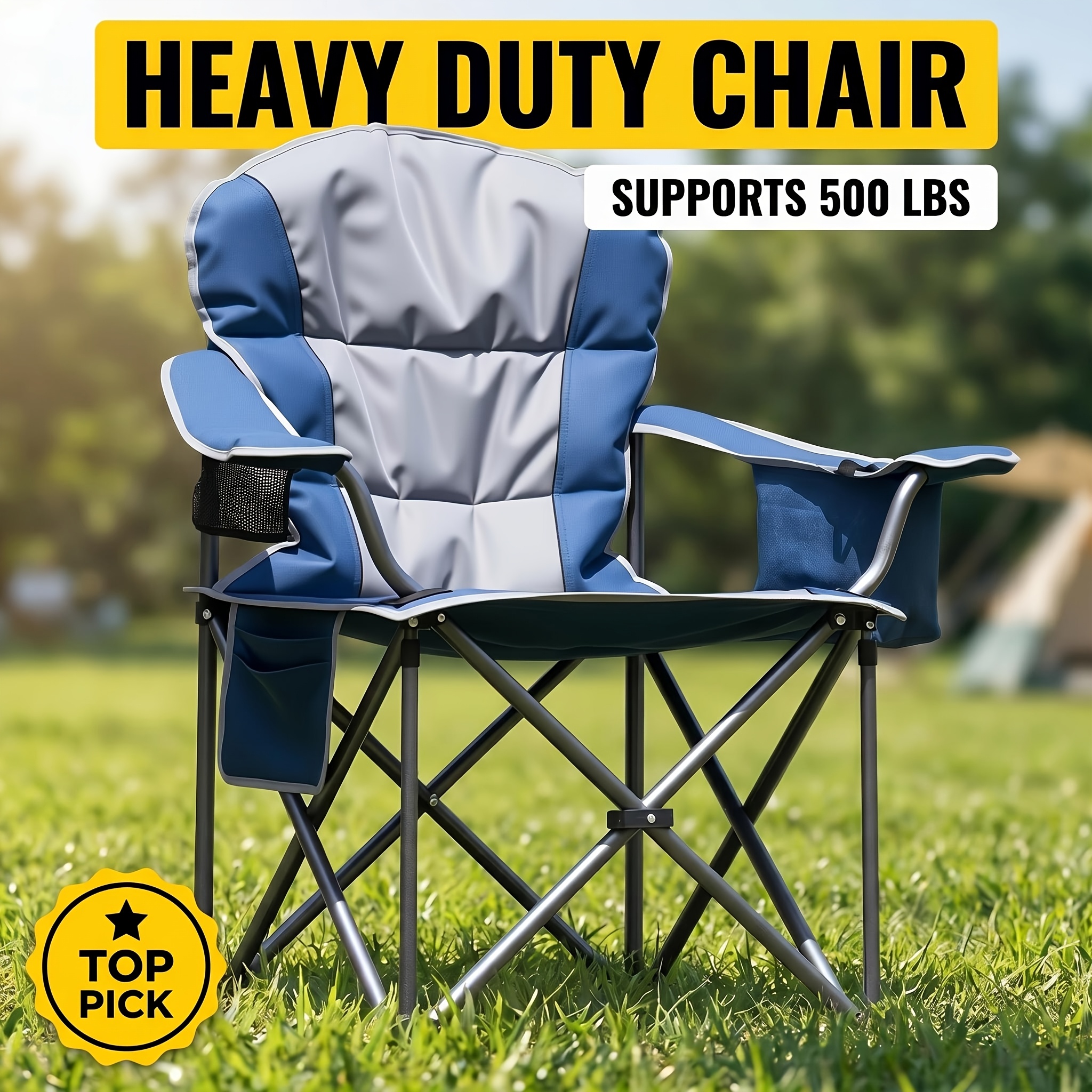 1   extra large outdoor heavy duty camping folding chair 500 lbs weight capacity with organizer bag side mesh bag cooler bag mesh cup holder and sporting goods bag suitable for lawn and beach camping travel hikes