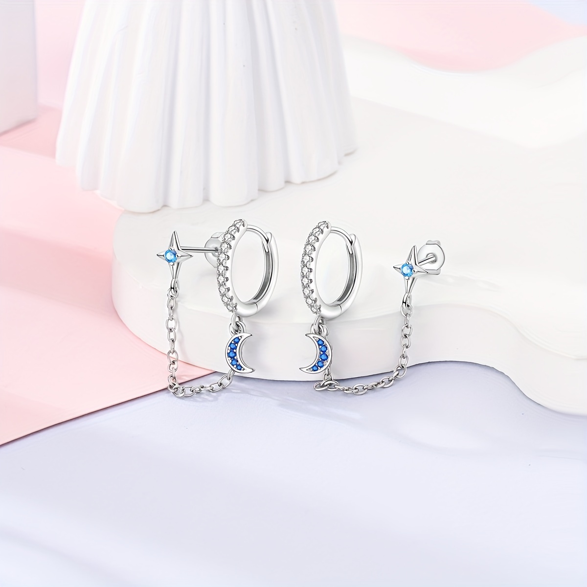 Women's 925 Pure Silver Star Moon Double Layer Earrings