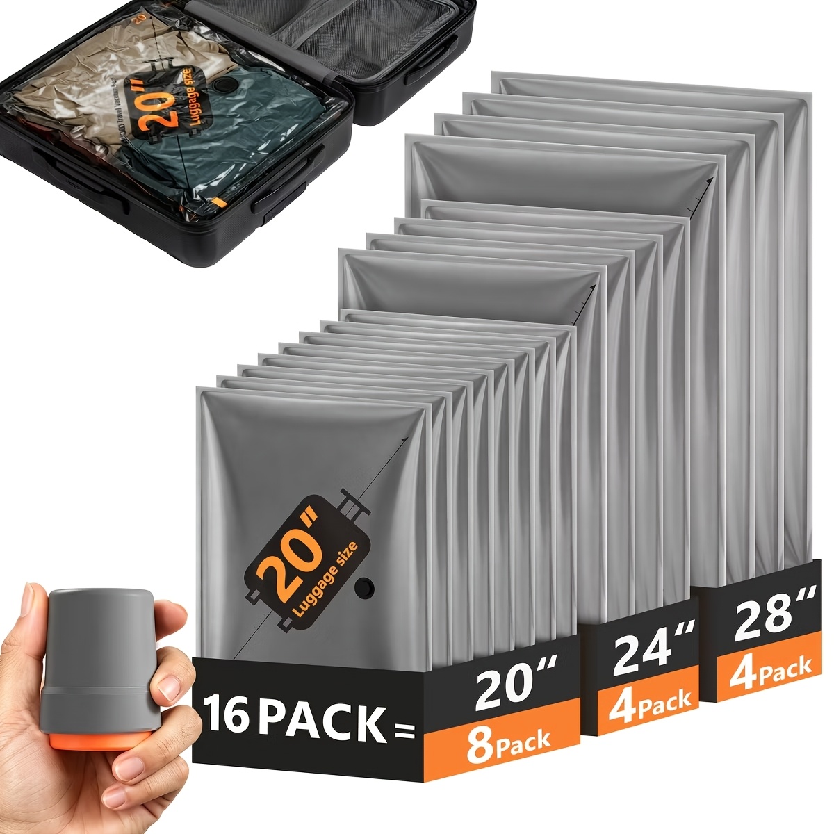 TEMU 16 Pack Travel Vacuum Bags With Electric Pump, Compression Packing Cubes For Clothing, 6000pa Space Saver Bags For Luggage Suitcase Organizer,