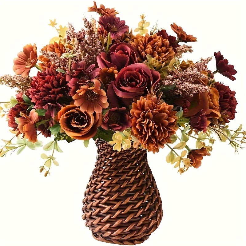 

A Bouquet Of Artificial Autumn Flowers Colors, Featuring Roses And , Fall Home Decor, Table Centerpieces, Halloween Decorations, Thanksgiving Decor, And Party Embellishments.