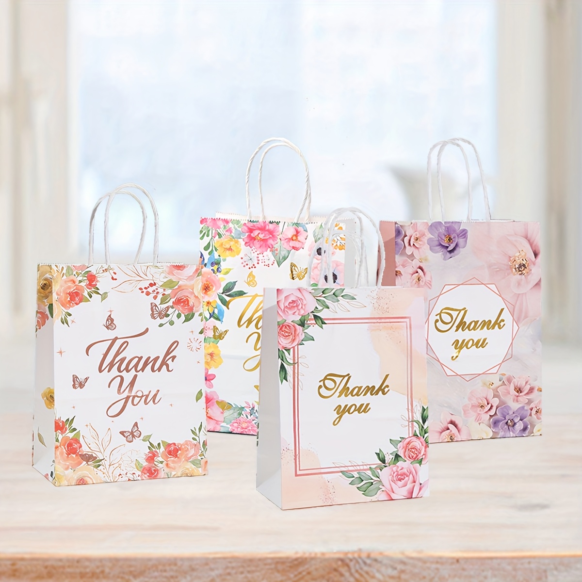 24pcs elegant floral party gift bags with reinforced bottoms   birthdays thanksgiving weddings special occasions stylish pink   designs for gift packaging and storage event favor bags rosette design bags sturdy handle bags small gift bags