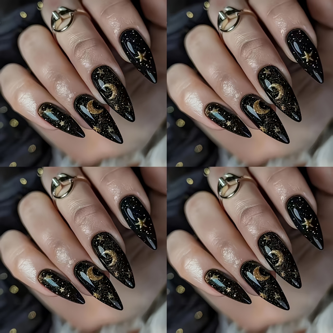 A Set Of 96 Stylish Almond-shaped Nail Stickers Featuring Starry Sky And In And Golden. Medium-long Nail Art Pieces Are Perfect For Women And And And