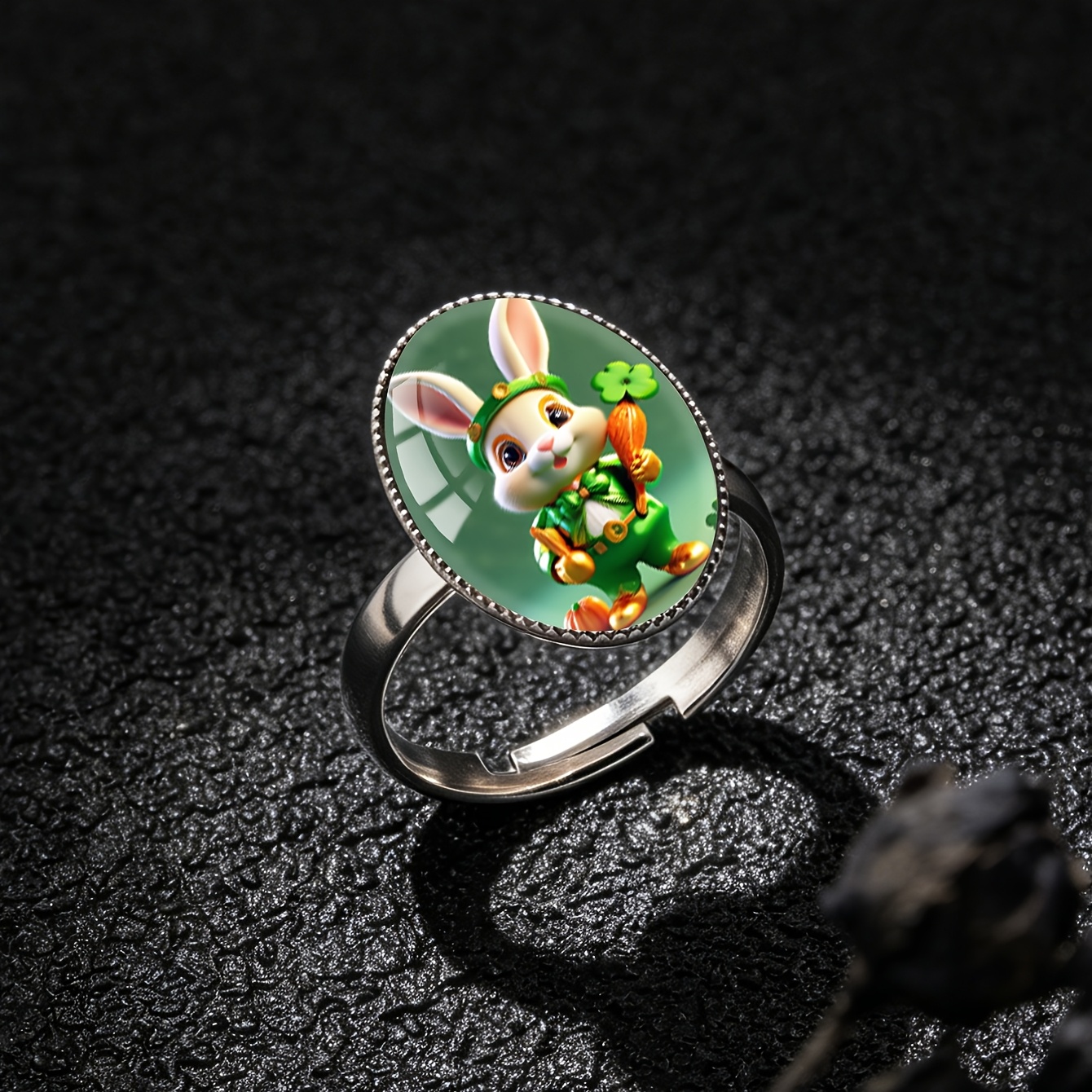 St. Patrick's Day Cartoon Rabbit Pattern Stainless Steel Open Ring