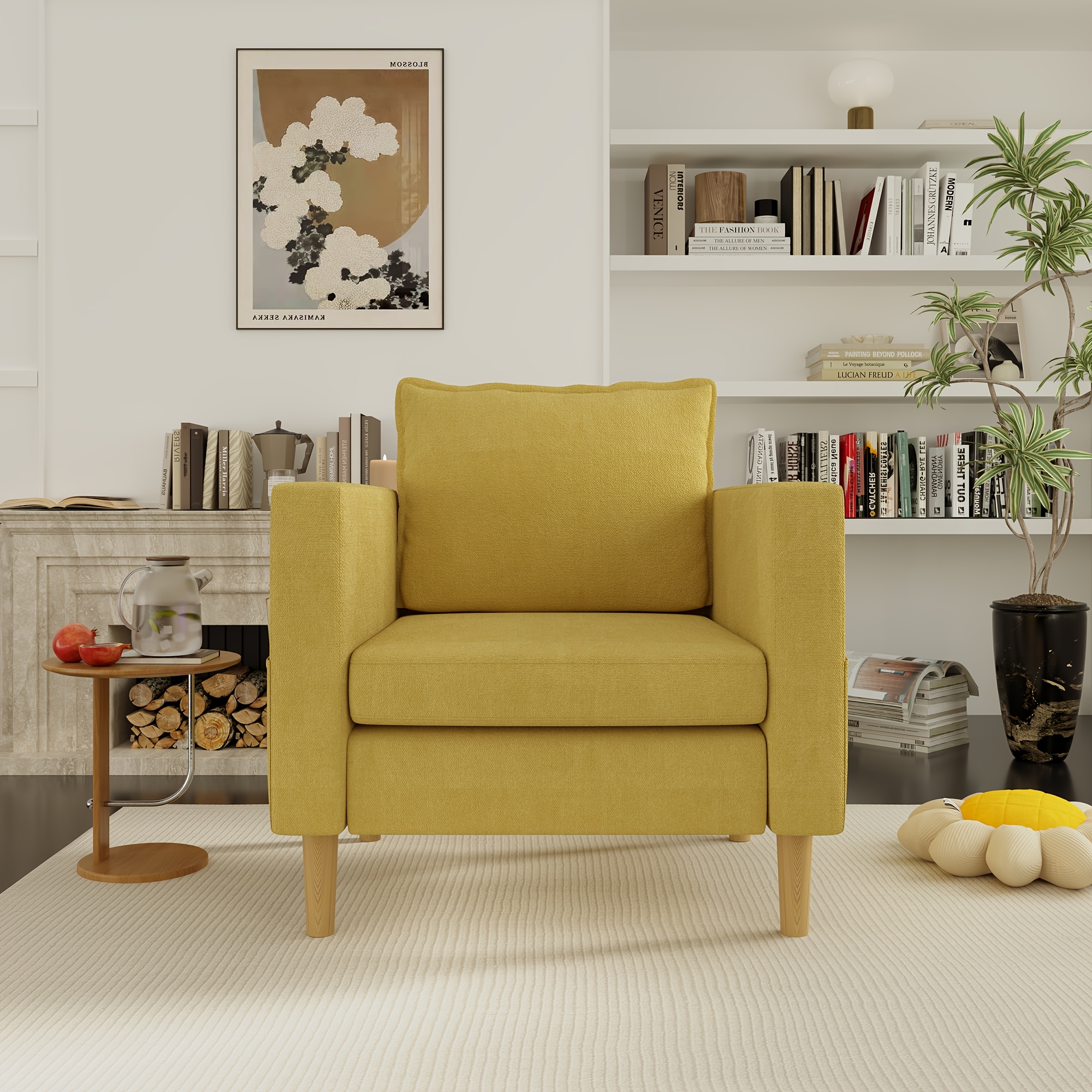 Image of Modern Linen Upholstered Lounge Chair With Storage Pockets & Cushions - Recliner Suitable For Living Room, Foam-padded Chenille, Frame, Assembly, Space- For Small Apartments