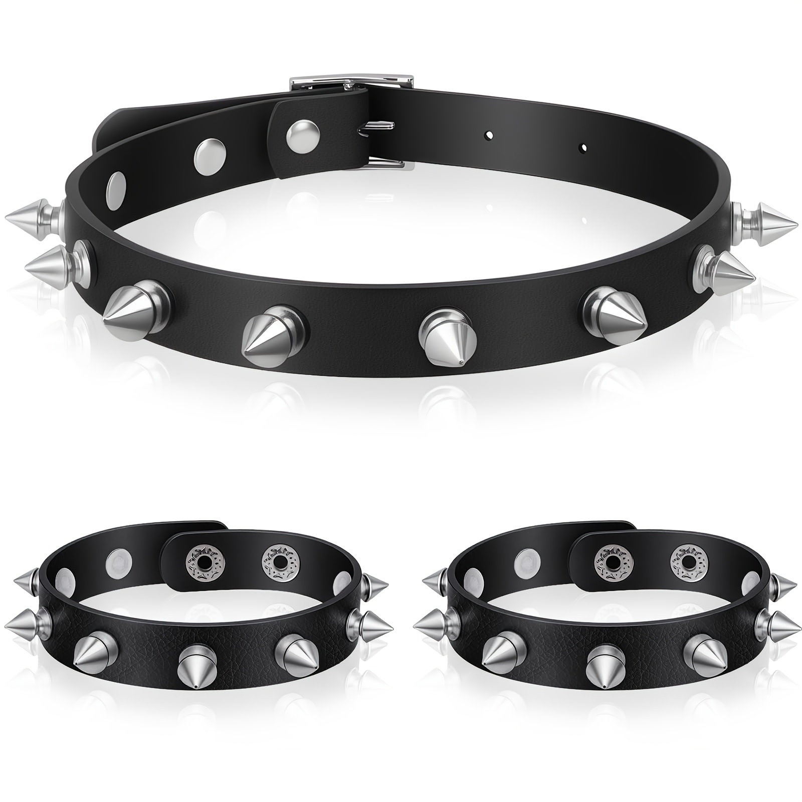 TEMU Soft Pu Collar Necklace Choker Bracelet Set With Spikes, Emo Grunge Goth Jewelry Gifts For Women Men, 3pcs, Without Battery