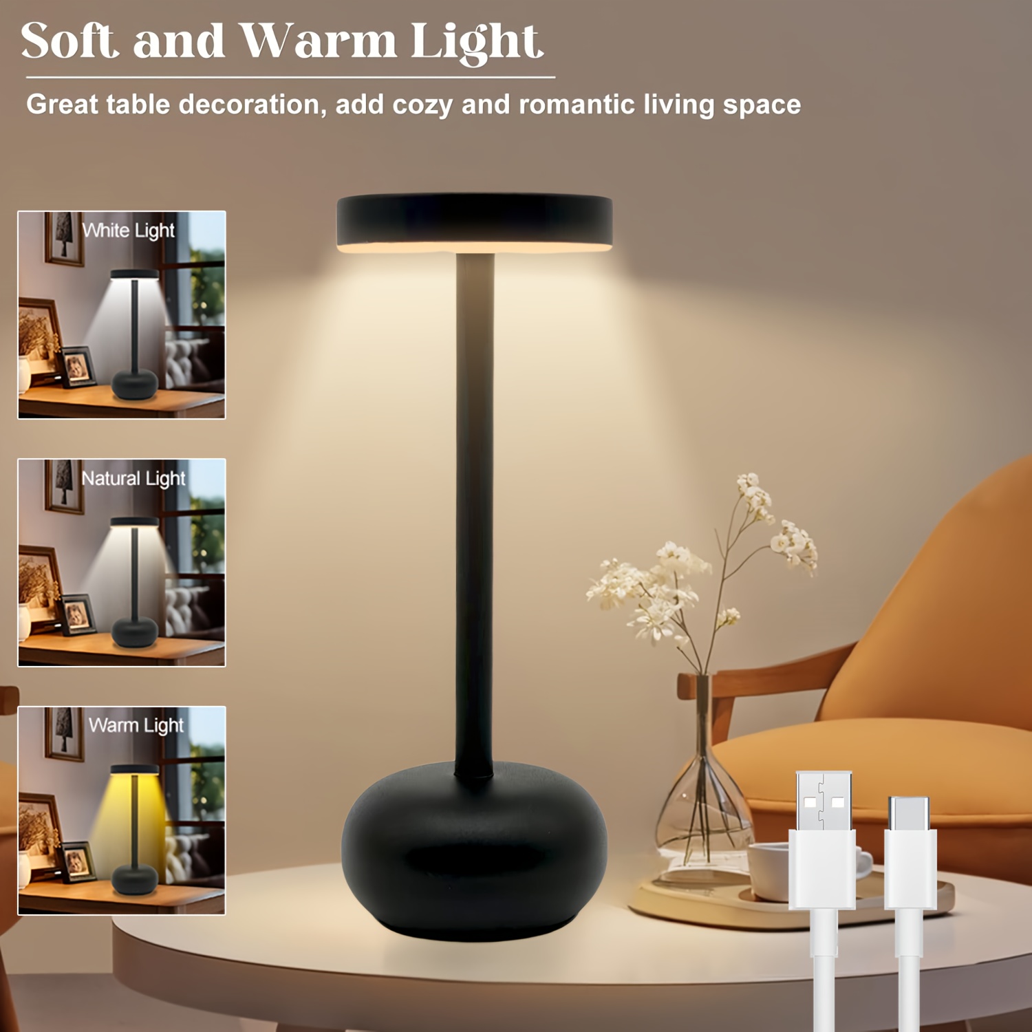 Image of Smart Led Cordless Touch Desk Lamp, 3-color Dimming Usb Rechargeable Table Lamp, Suitable For Adjustable Lighting In Office/living Room/bedroom/dining Room Decoration