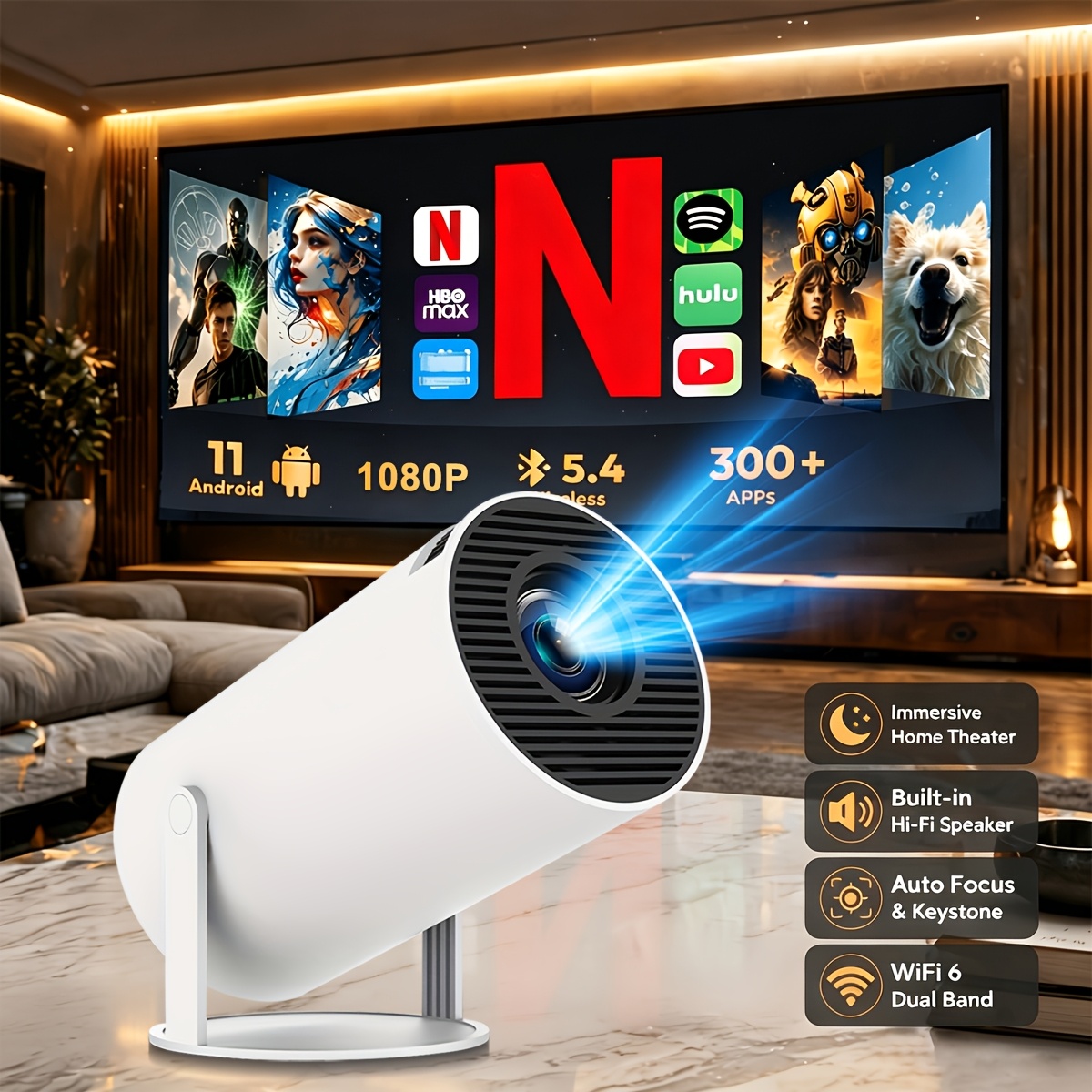 Mini pametni projektor, 720P , podpira WiFi 6 in BT5.3, združljiv z 11, deluje z HD napravami, pametnimi telefoni in prenosniki, idealen za
