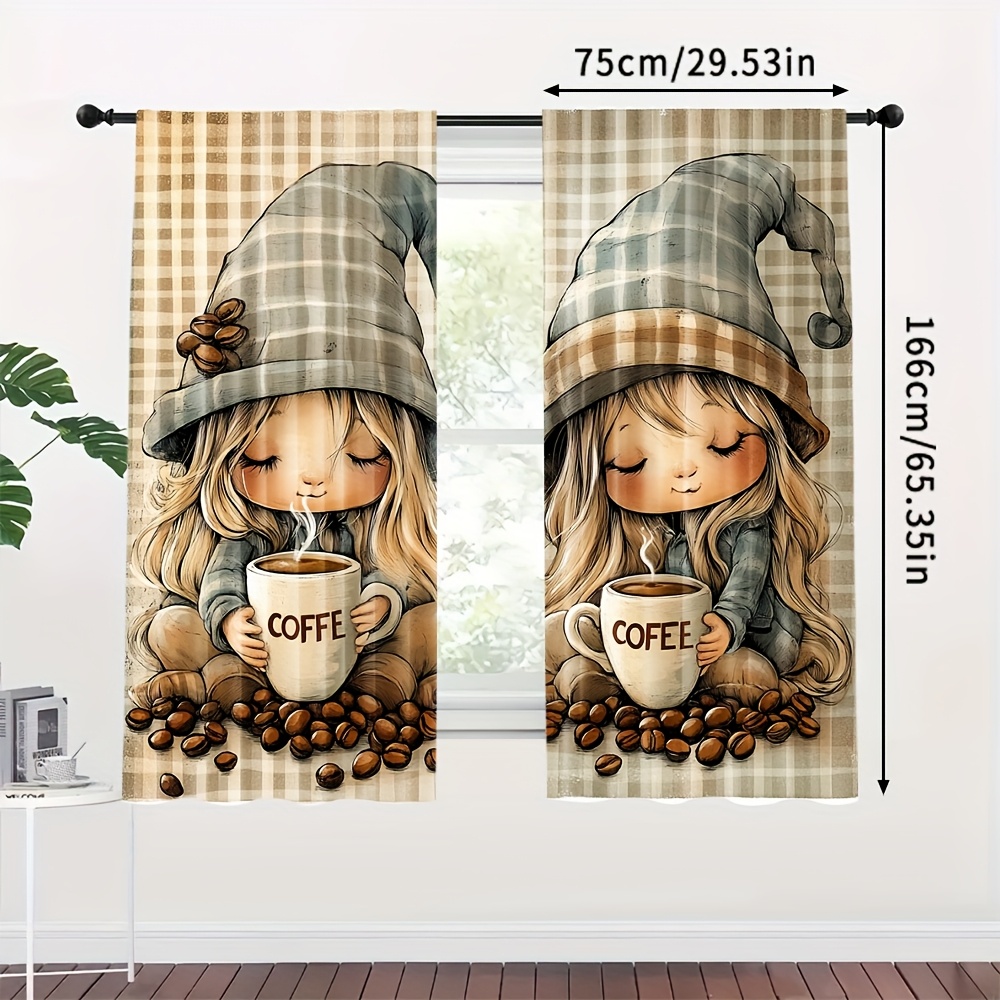 TEMU Ensemble de 2 rideaux plissés style rétro, avec un motif de gnome rustique à carreaux, tissu surdimensionné, parfait pour décorer votre salon,