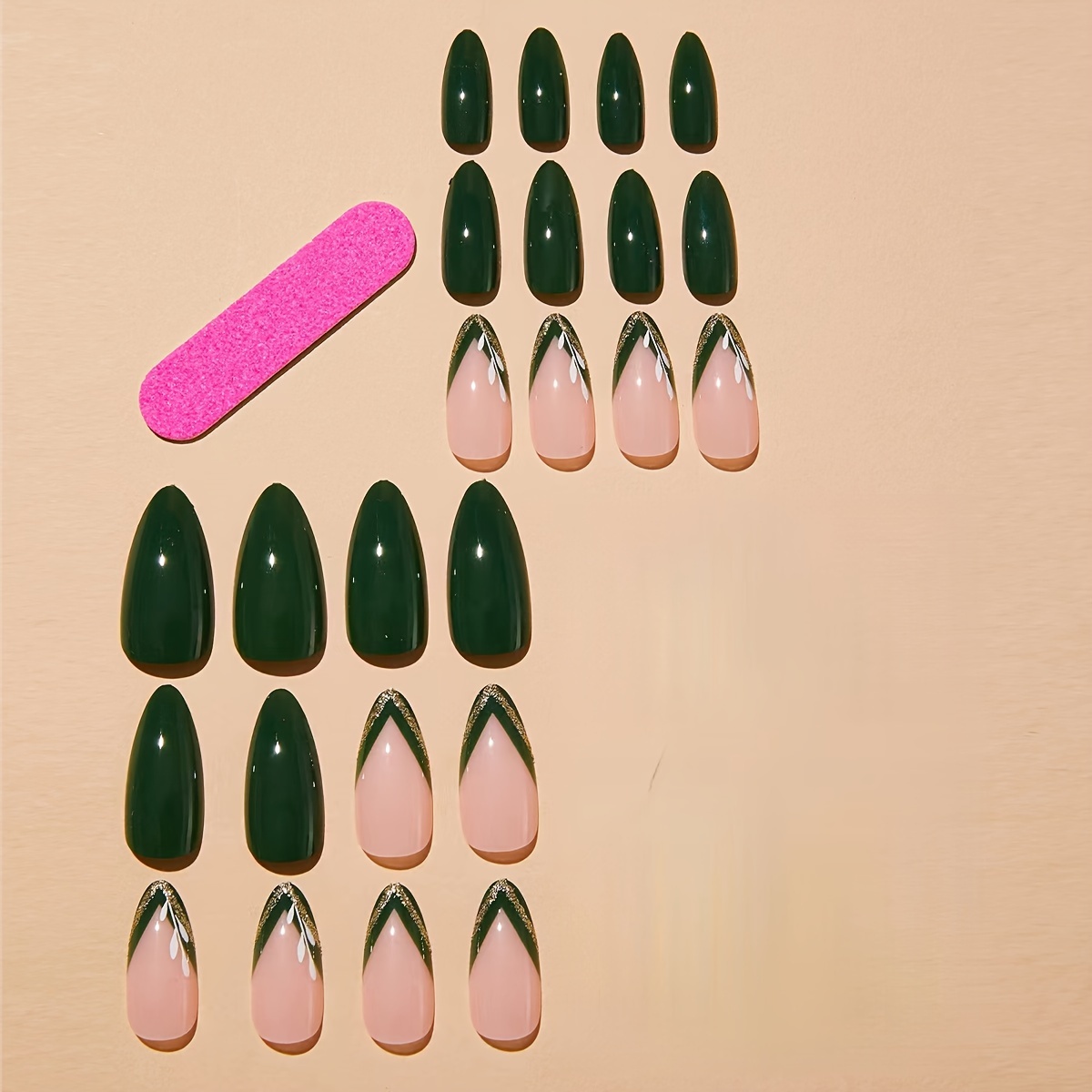 24pcs set medium almond press on nails green beveling french tip fake nails glossy green solid color acrylic nails glitter powder line with design nude pinkish full cover glue on nails for women girls manicure decorations details 2