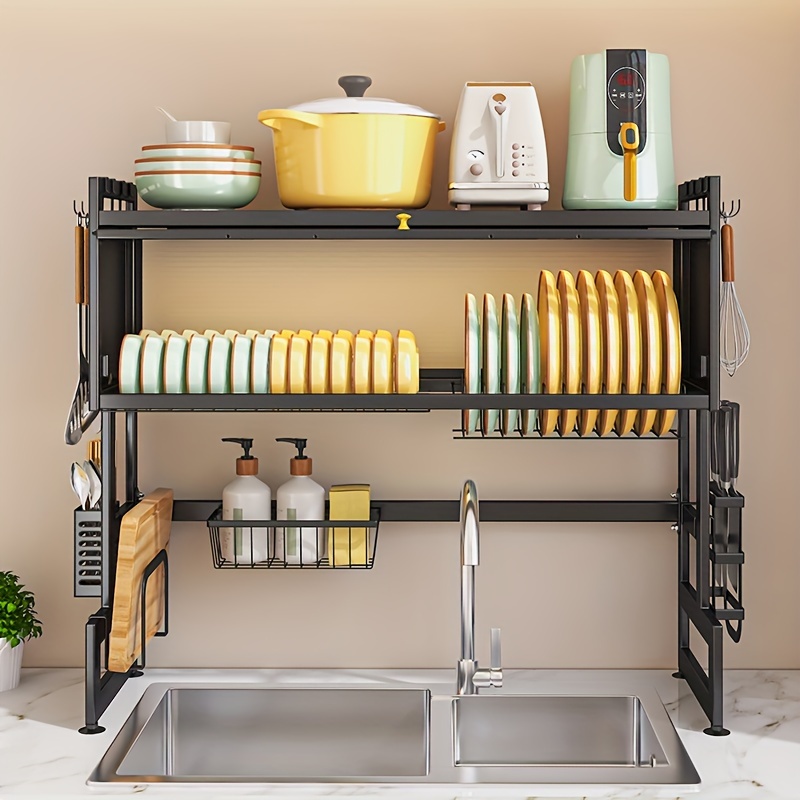 1pc escurridor de platos sobre el fregadero, estante de almacenamiento de metal de 3 niveles, organizador que para platos, vasos, tazones y cubiertos, y negro, en el piso, de estante de cocina multiusos, estantes de públicos detalles 7