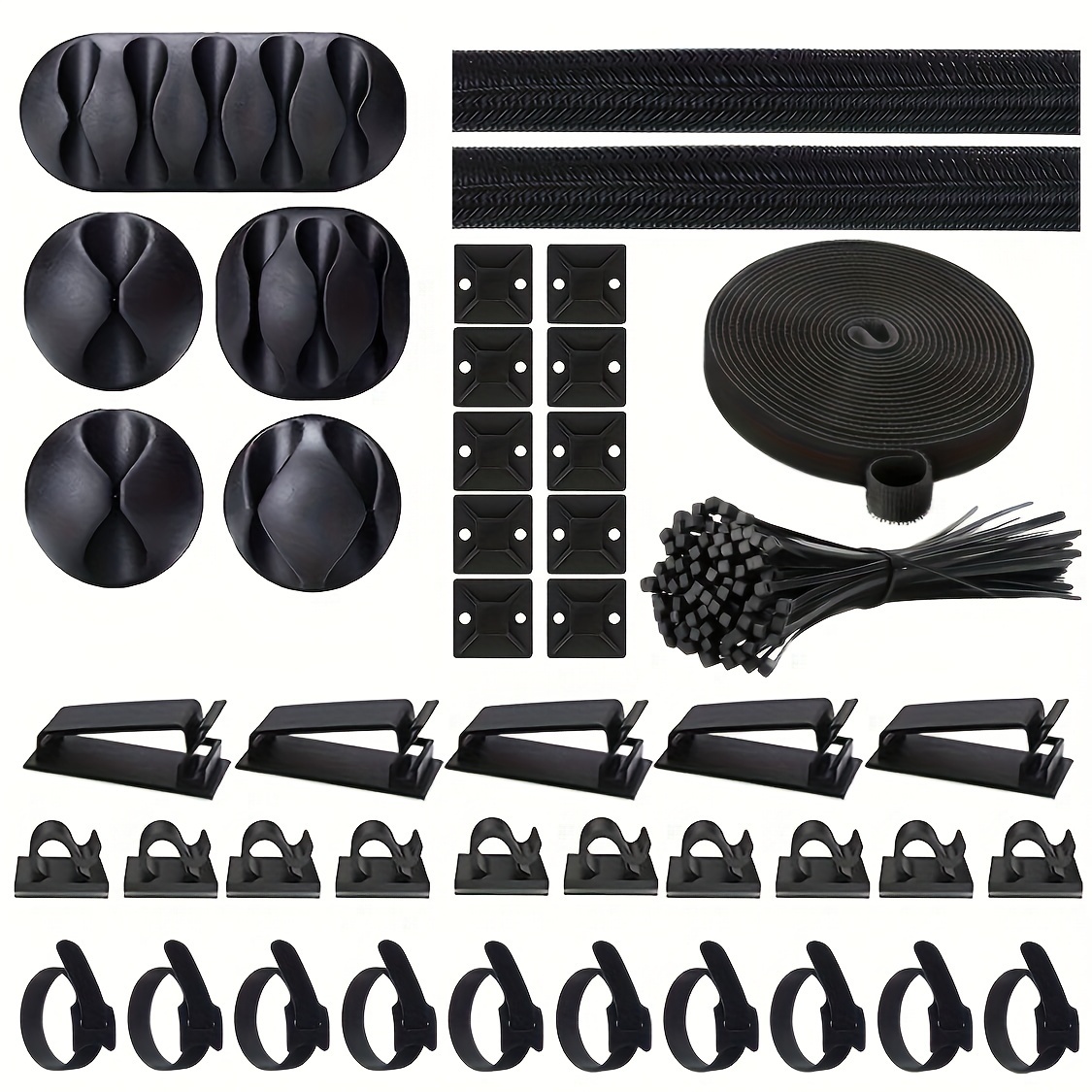 TEMU 153pcs Cable Management Kit, 2 Cable Sleeves, 20 Cable Clips, 20 Zip Tie Mounts, 100+10 Cable Fastening Ties, 1 Roll Cable Straps For Tv Pc
