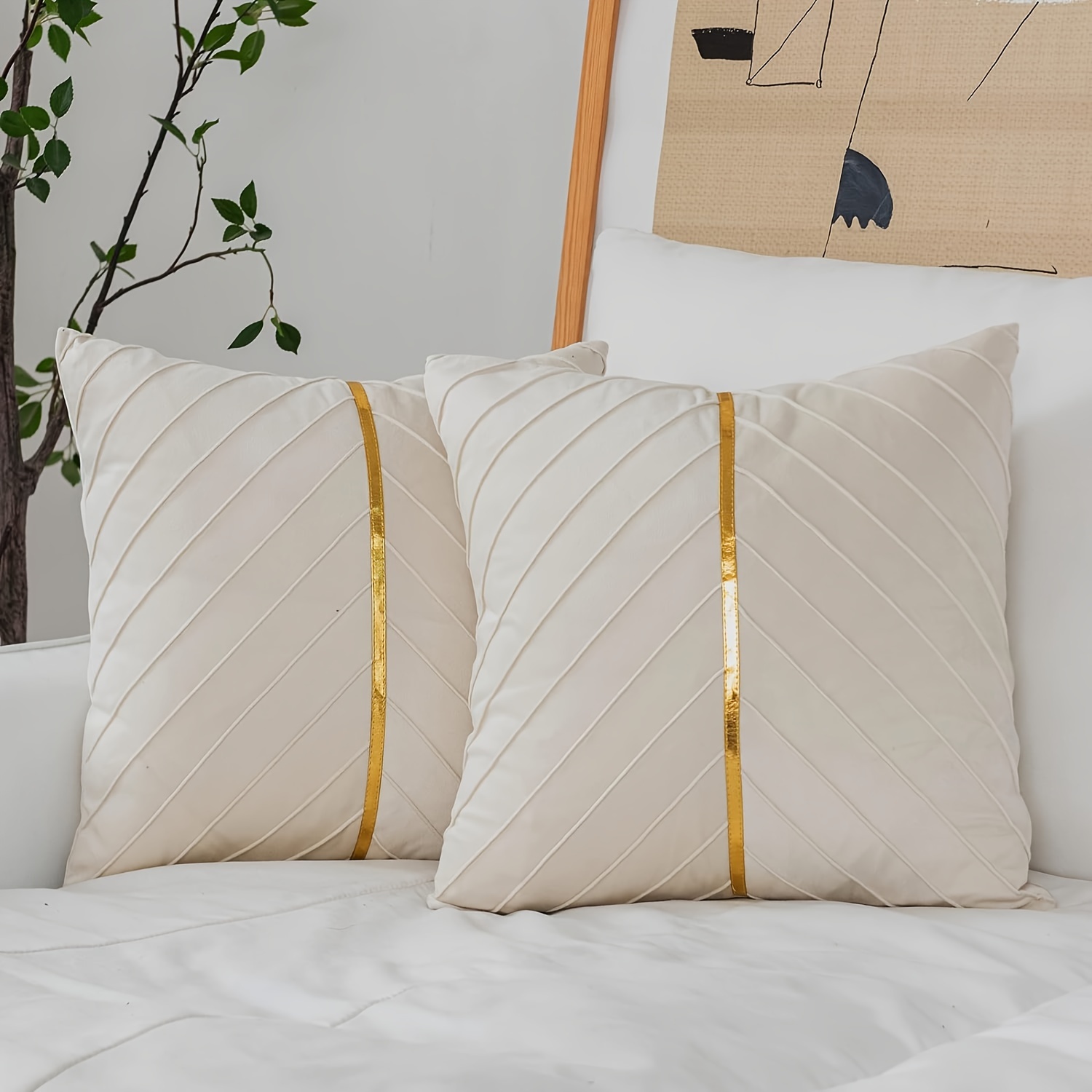 E-shop 2er-Set weiche goldene dekorative Samt-Kissenbezüge mit quadratischem Prägungsmuster, luxuriöse Kissenhüllen, geeignet für Sofa, Wohnzimmer,
