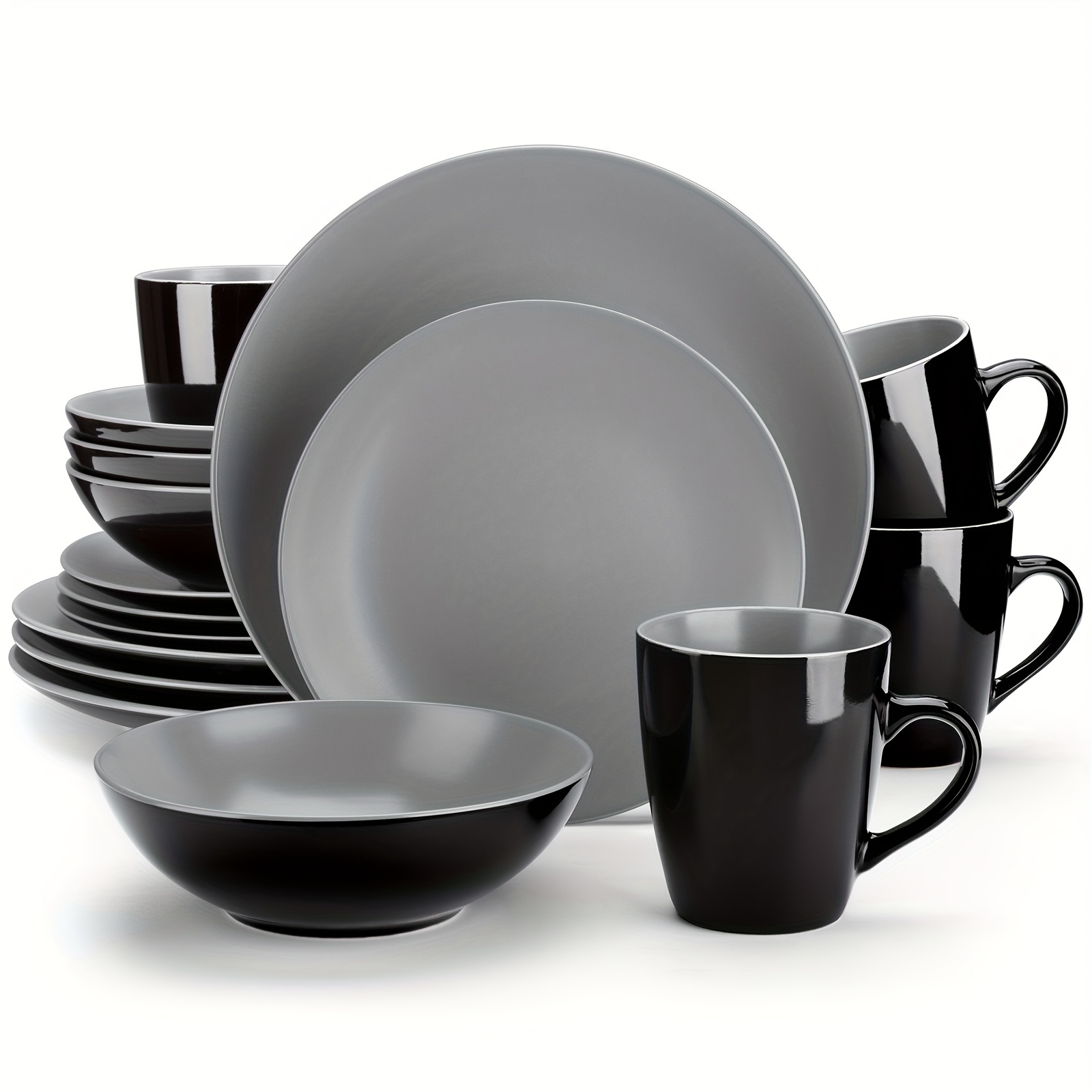 16 Pcs Dinner Set Stoneware Light Grey Plates Bowls Set Service For 4