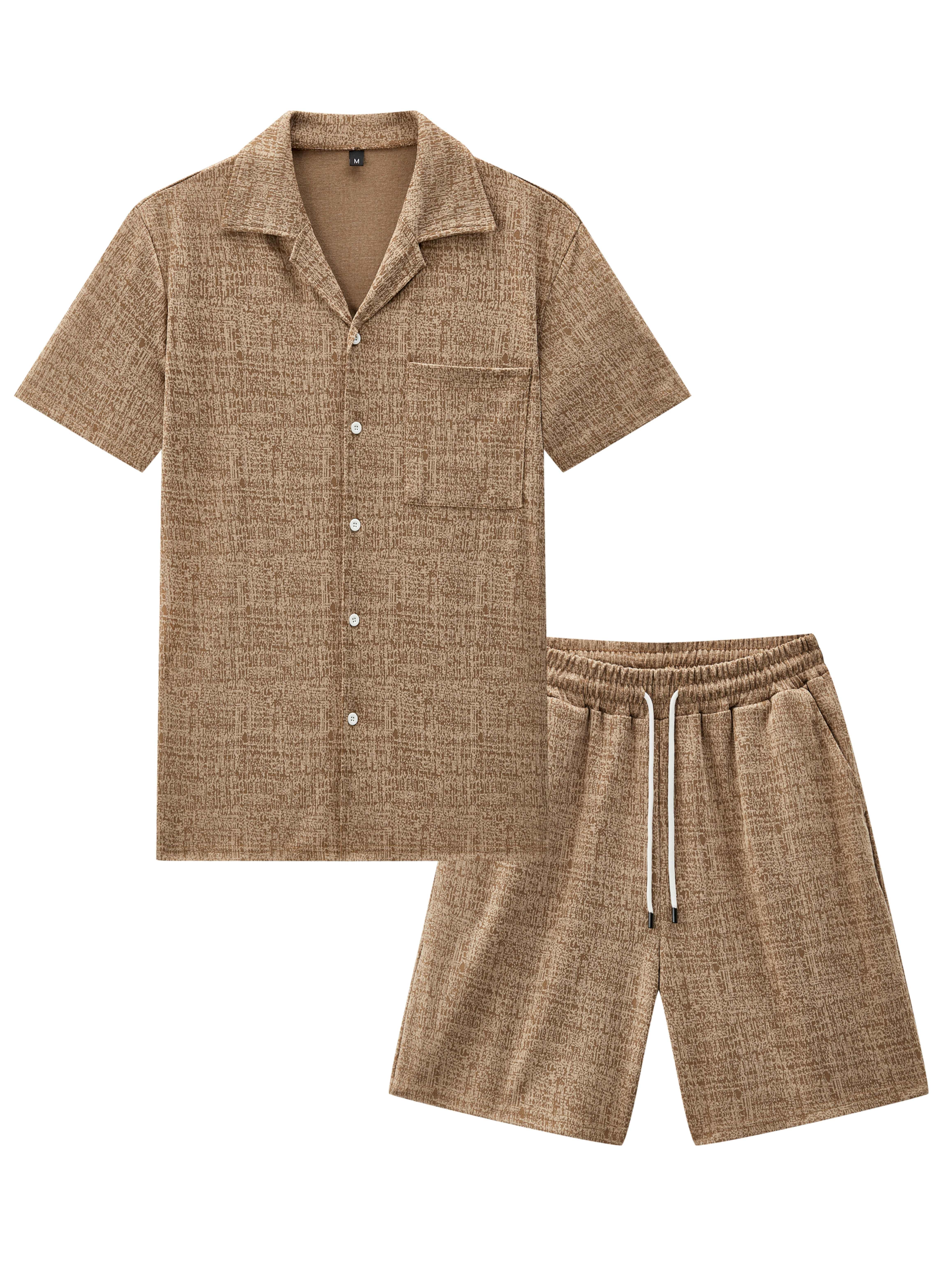 Men'S 2pcs Jacquard Set, Short Sleeve Shirt with Side Pockets And Drawstring Shorts, Clean And Comfortable