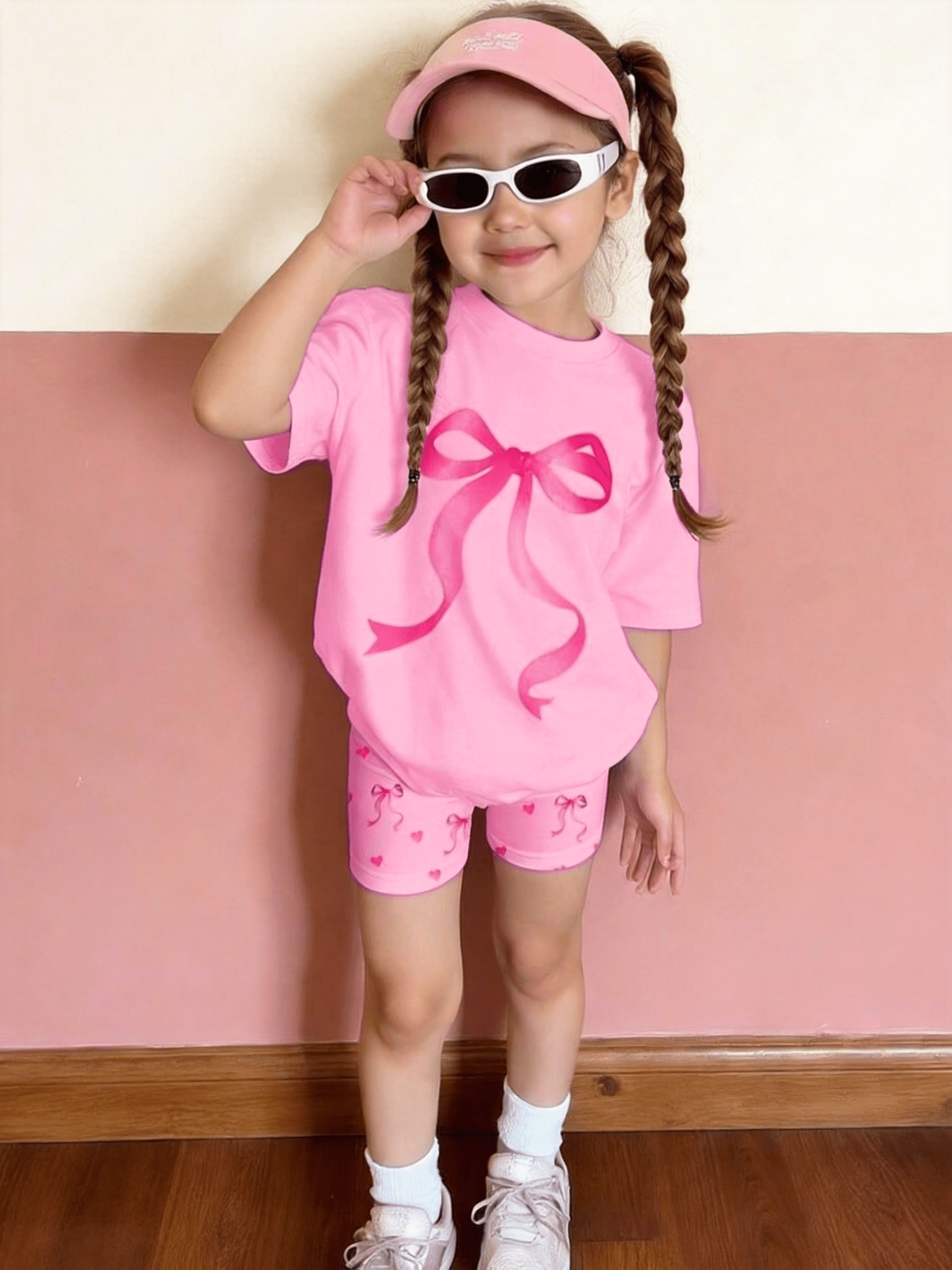 2pcs set of casual loose fitting round neck short sleeve t shirt and shorts for girls aged 1 6 featuring   and bowknot prints suitable for daily wear   home and   spring and summer   outdoor