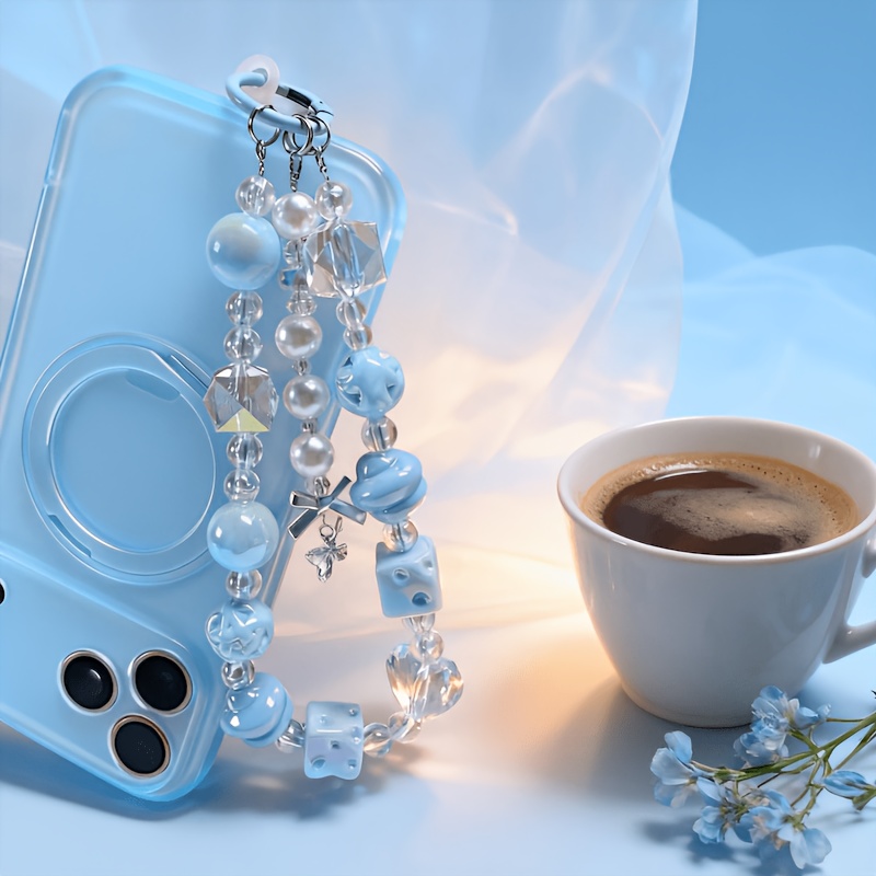 TEMU 1pc Chaîne de téléphone à perles holographiques bleues avancées