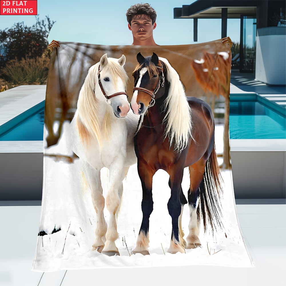 TEMU 1pc Horses In Pair Printed Outdoor Blanket - Lightweight Flannel Used For Camping, Picnic, Hiking, , Airplane, Bedroom, Office, Chair - Digital