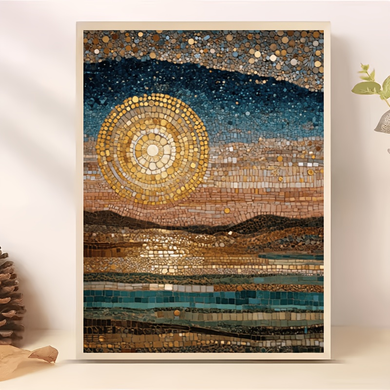 TEMU Kit de peinture diamant ronde style Lever de soleil doré, art mosaïque , fait main, créez un espace esthétique. cadre
