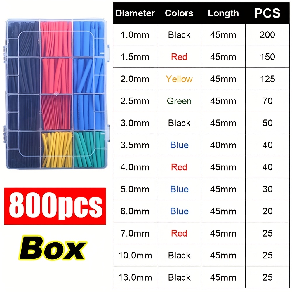 Image of 800pcs Heat Shrink Tubing 2:1 Electrical Wire Assortment Electric Insulation Heat Shrink Tube Kit With Box, Thermoresistant Tube Heat Shrink Wrapping Kit Wire Cable Insulation Sleeved Protector