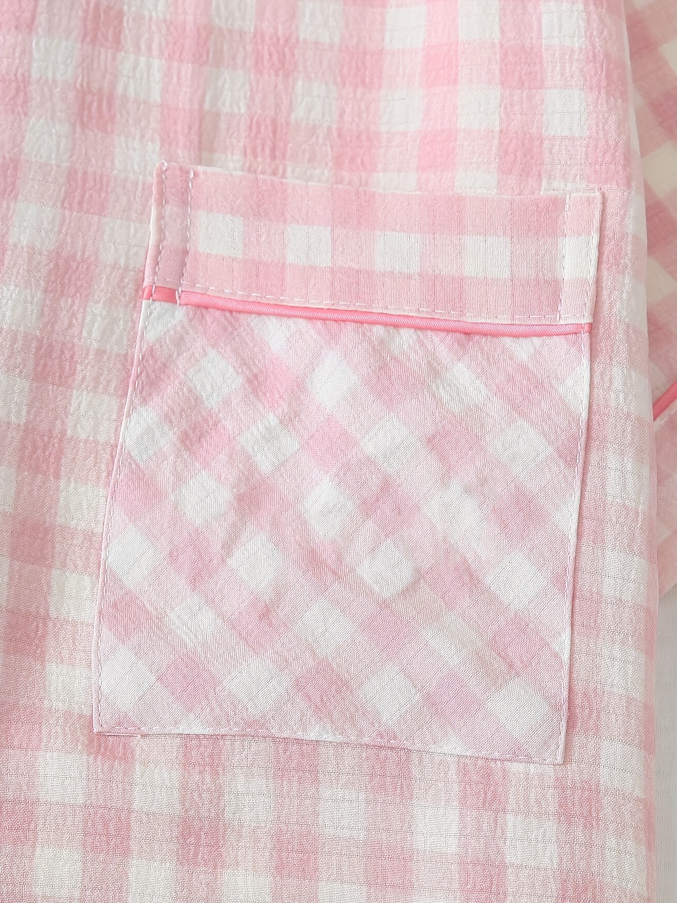 checkered print pajama set short sleeved v neck button shirt and stretch trousers polyester pajama set machine washable Product details 3