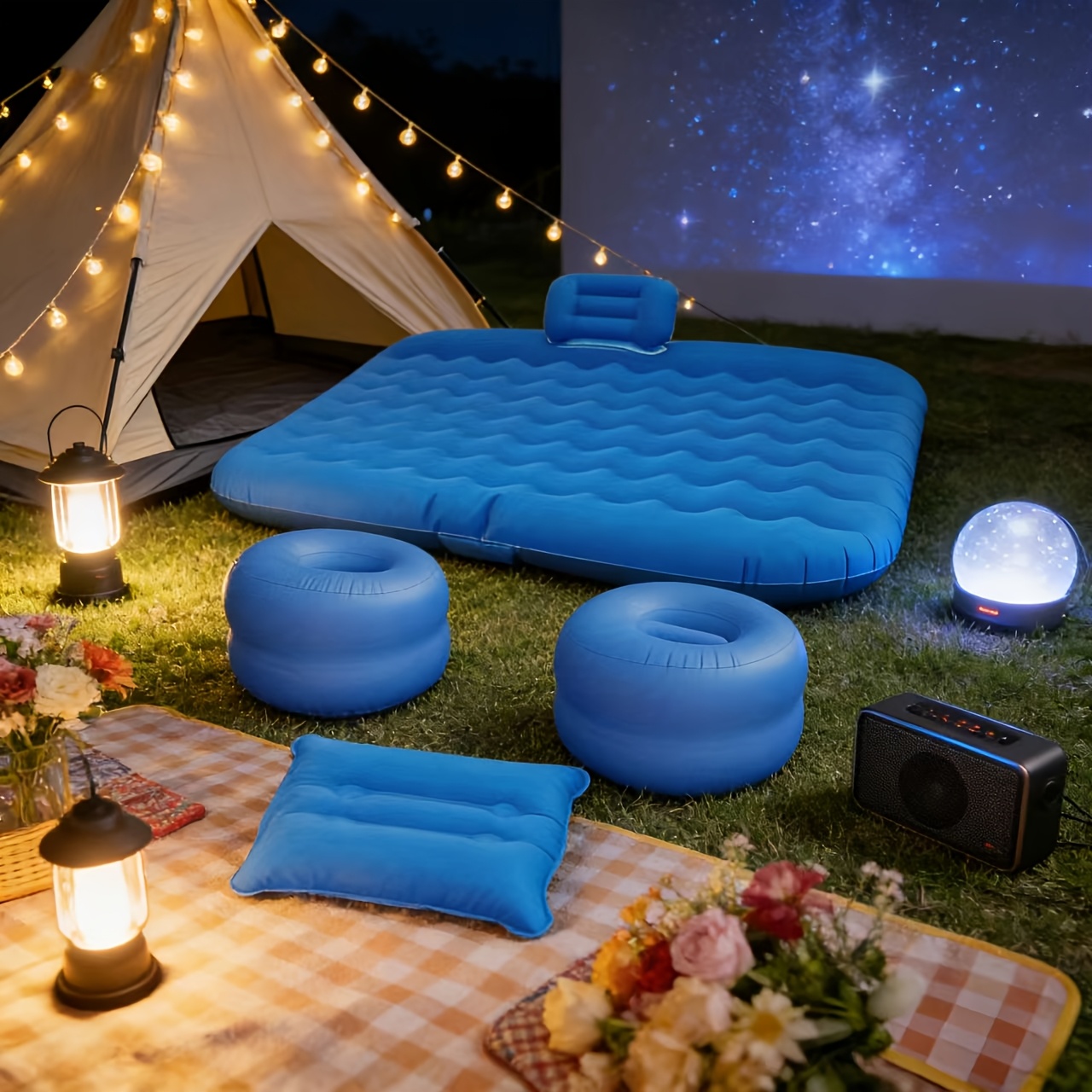 TEMU Christmas Camping Must-have: Rectangular Pvc Flocked Inflatable Car Bed Portable Storage Version With Storage Bag & Repair Kit