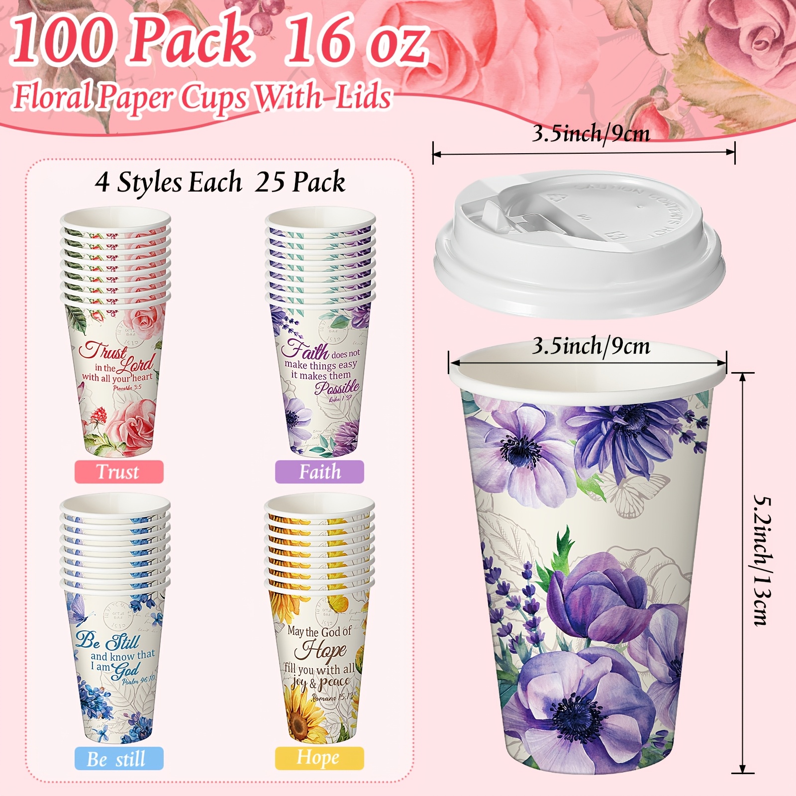 100pcs disposable coffee cup lid straw 16 oz paper floral - Temu
