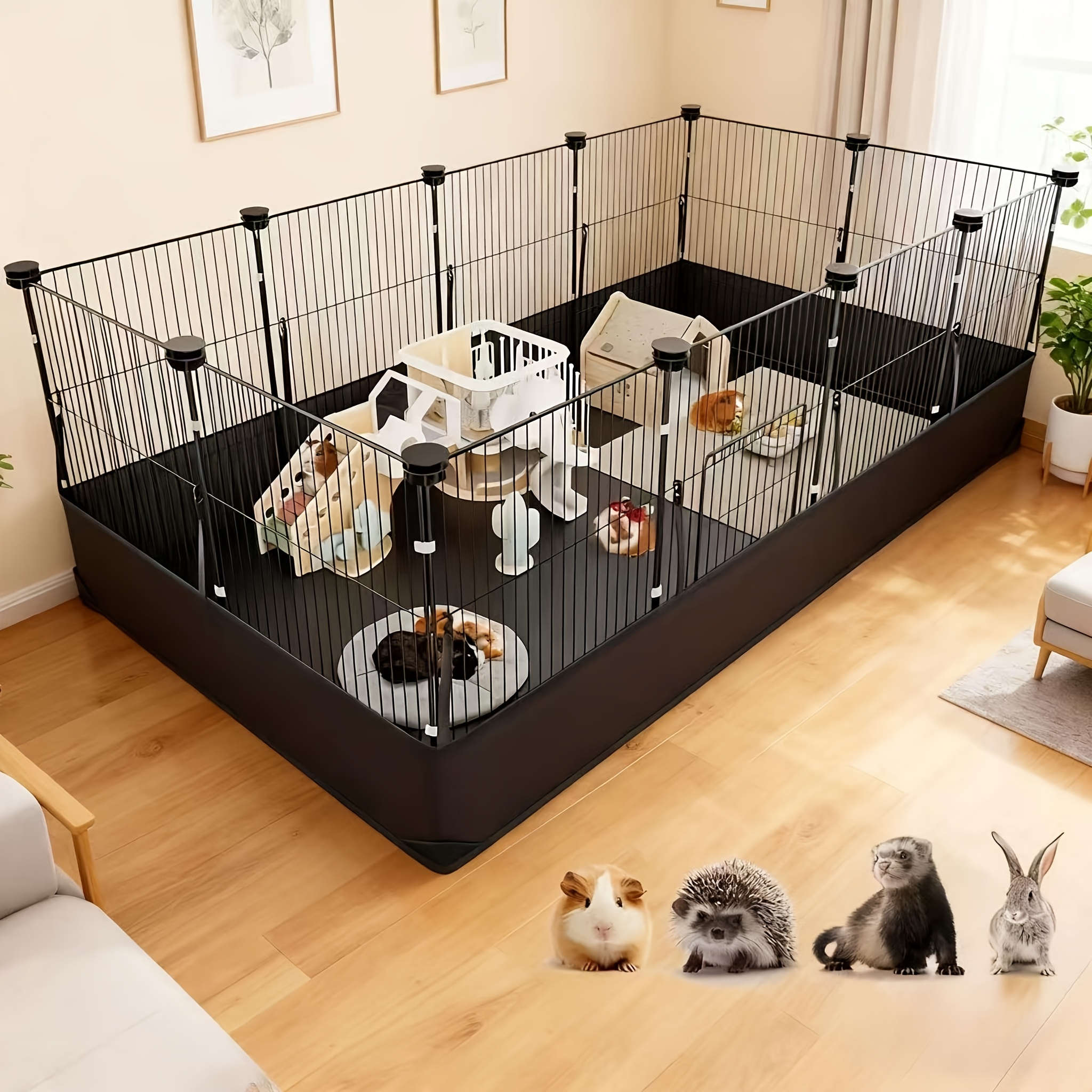 TEMU 【家庭用】ペットフェンス、ドア付き小動物ケージ、フロアシート付き、簡単組み立て、犬・ウサギ・モルモットに最適な室内、拡張可能フェンス、猫用ケージ、ウサギ用ケージ、ハムスター用ケージ（マット付き）