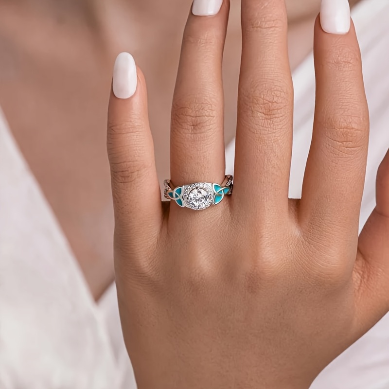 Women's Zirconia Infinity Anniversary Ring with Enamel Leaf Celtic Knot