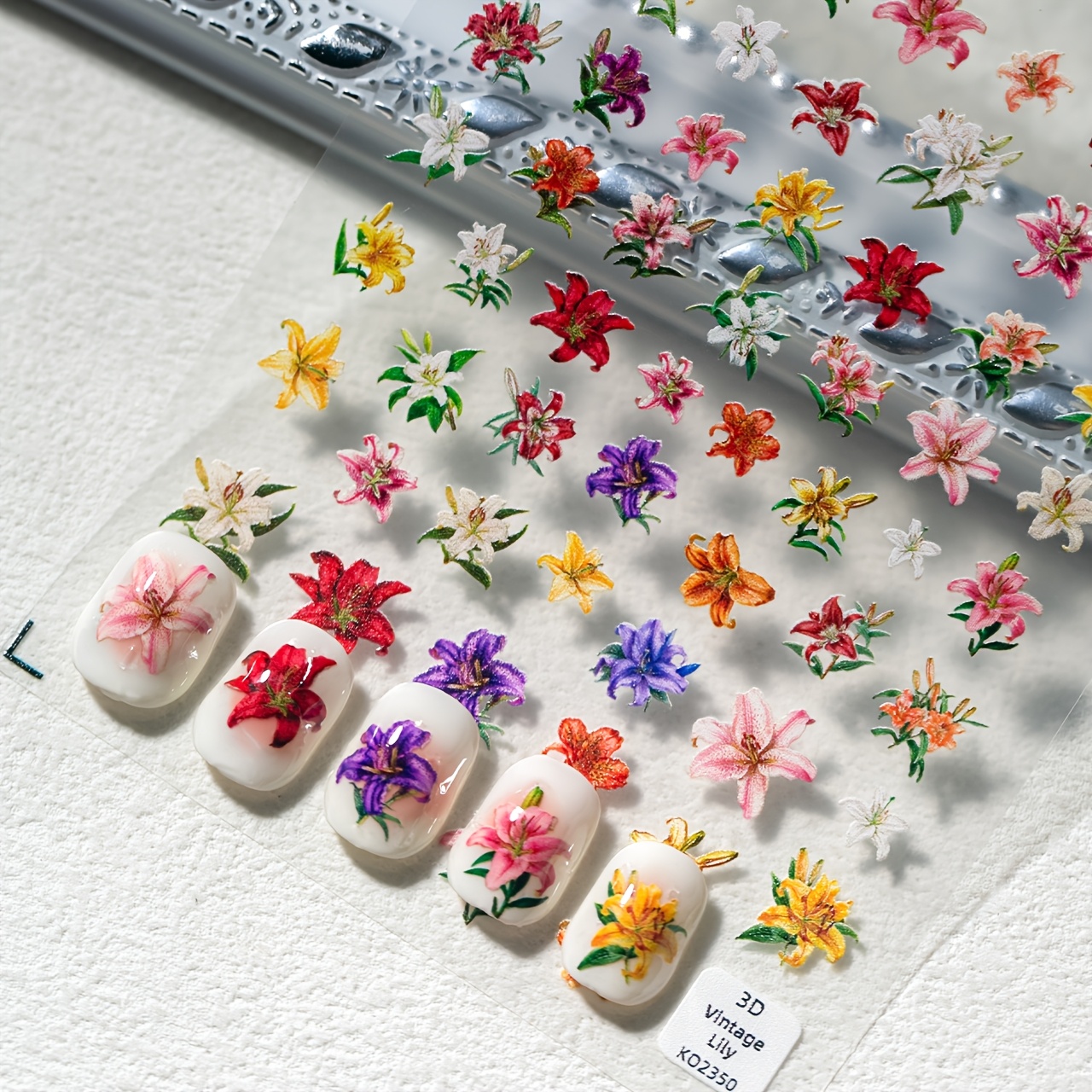 TEMU 1 Feuille d'Autocollants à Ongles Floraux Broderie Vintage Lys Parfumé, avec Lys Simulés Multicolores et Éléments de Feuilles Florales, Convient
