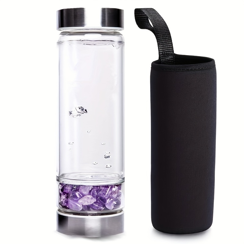E-shop Injektions-Kristallstein-Wasserflasche - Auslaufsicherer Verschluss - Glaswasserflasche mit Schutzhülle und herausnehmbarem Amethyst,