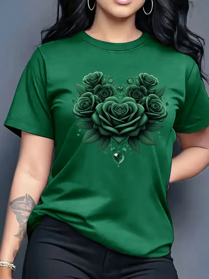 Dark Green Women'S Casual Crew Neck T-Shirt