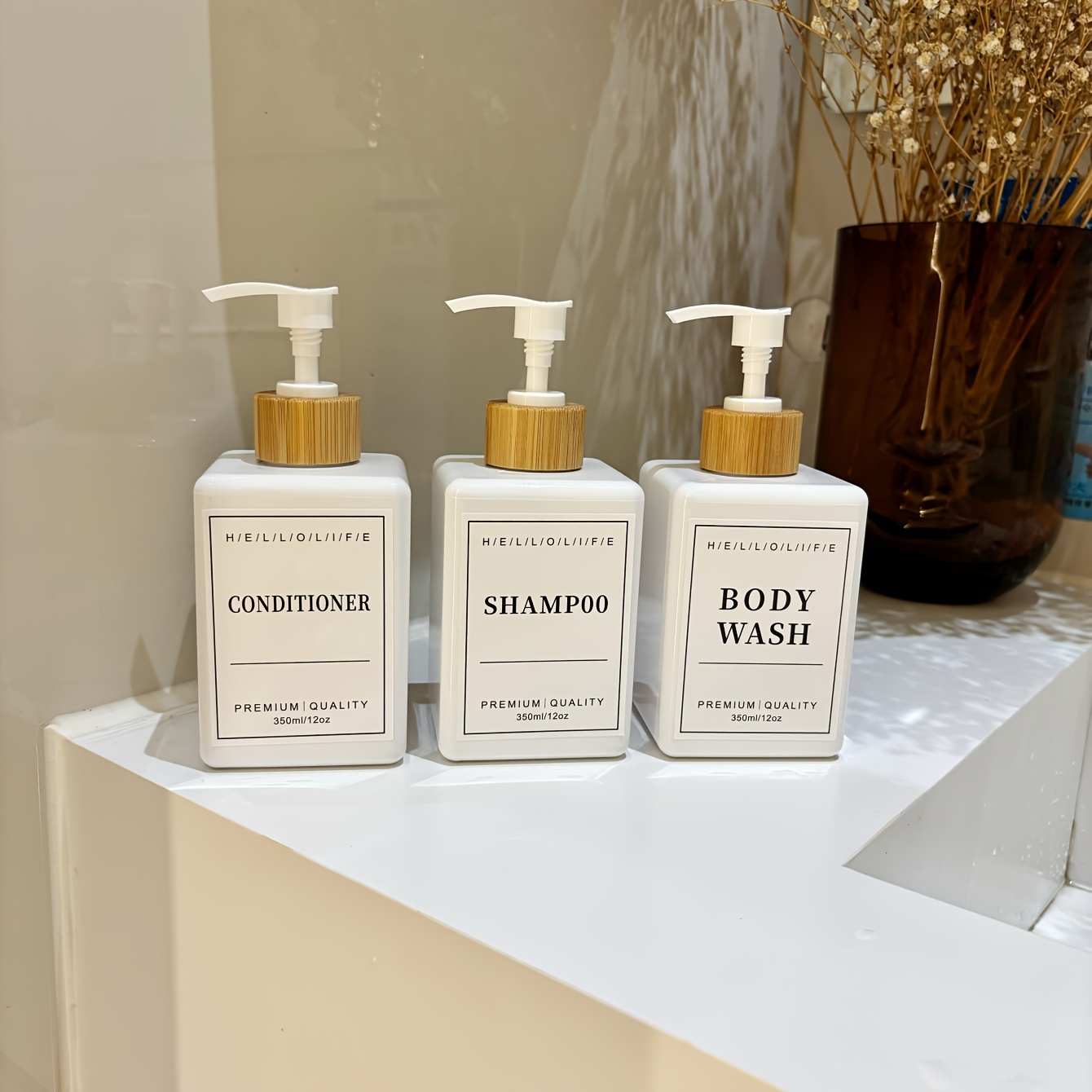 

3pcs 350ml Square Soap Dispensers With Bamboo Pumps - Fragrance-free, Phthalate-free Plastic Empty Bottles For Shampoo, Body Wash & - Includes Waterproof Labels, Bathroom Decor