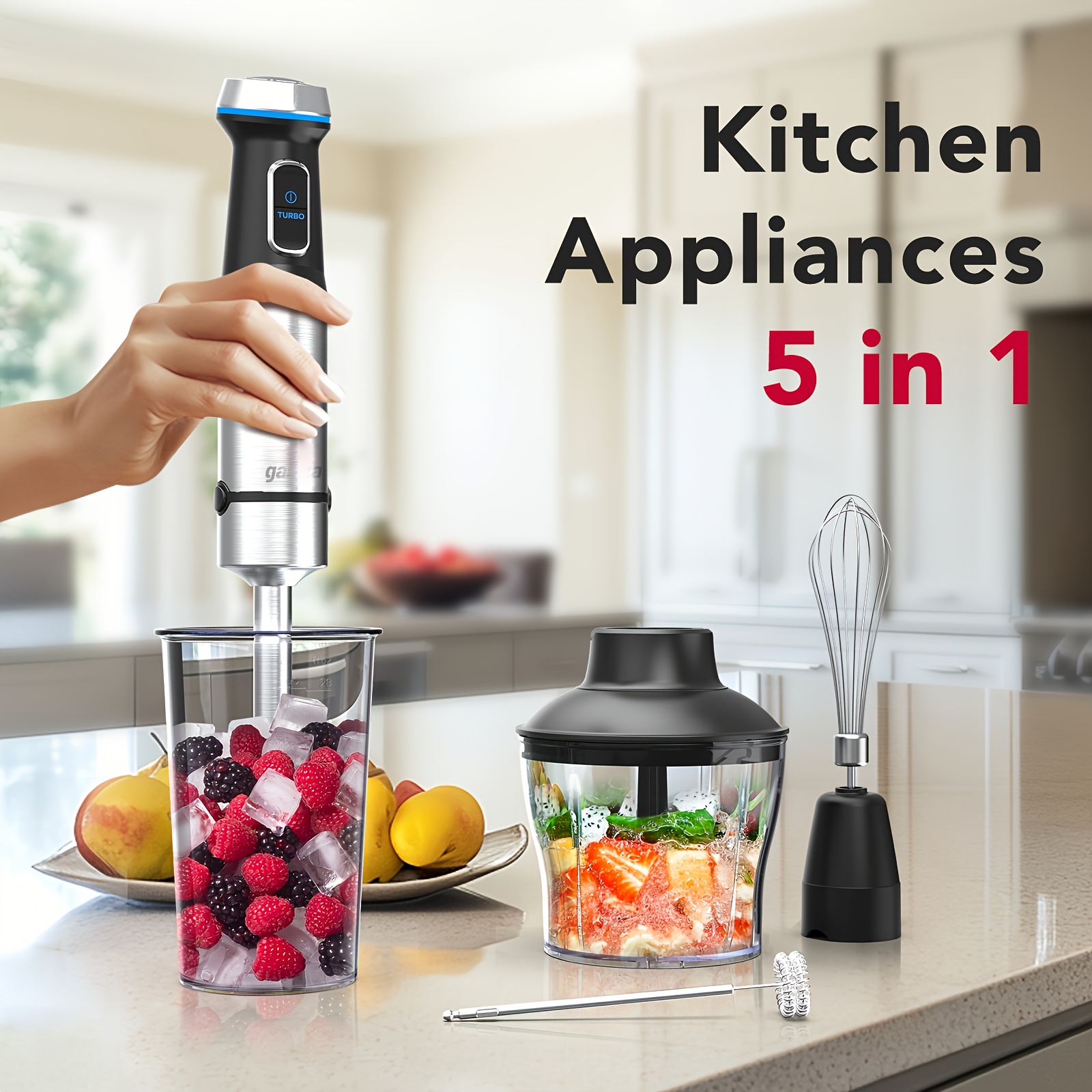 TEMU Blender 5 In 1 Hand Blender Max 800w Heavy Duty Motor, 16 Speed Mode Handheld Blender Stainless Steel Blade With 800ml Mixing Beaker, 600ml Chopper, Whisk, Meat Chopperand Milk Frother
