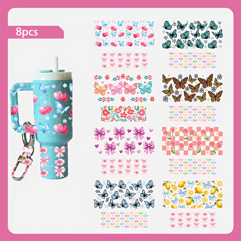 TEMU Lot de 8 mini autocollants UV DTF pour porte-clés, fleurs, papillons, fruits pour la Saint-Valentin - Autocollants DIY de haute qualité et