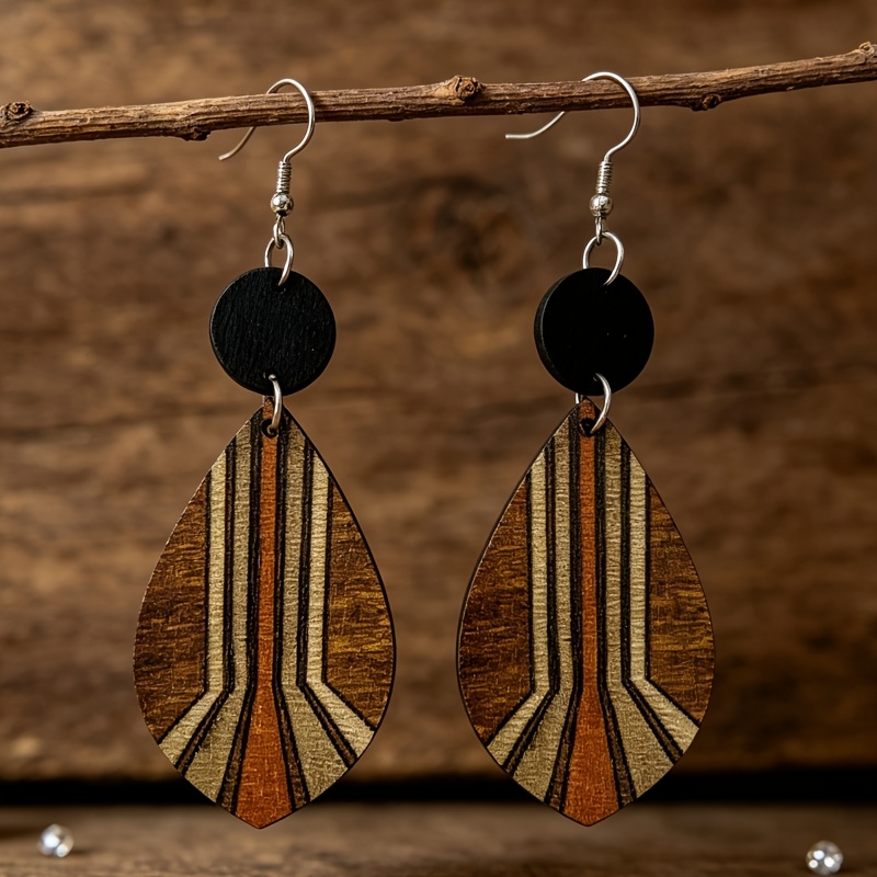 TEMU Boucles d'oreilles pendantes en bois à , rayées et géométriques vintage, boucles d'oreilles bohèmes en bois naturel, bijoux rétro pour femmes