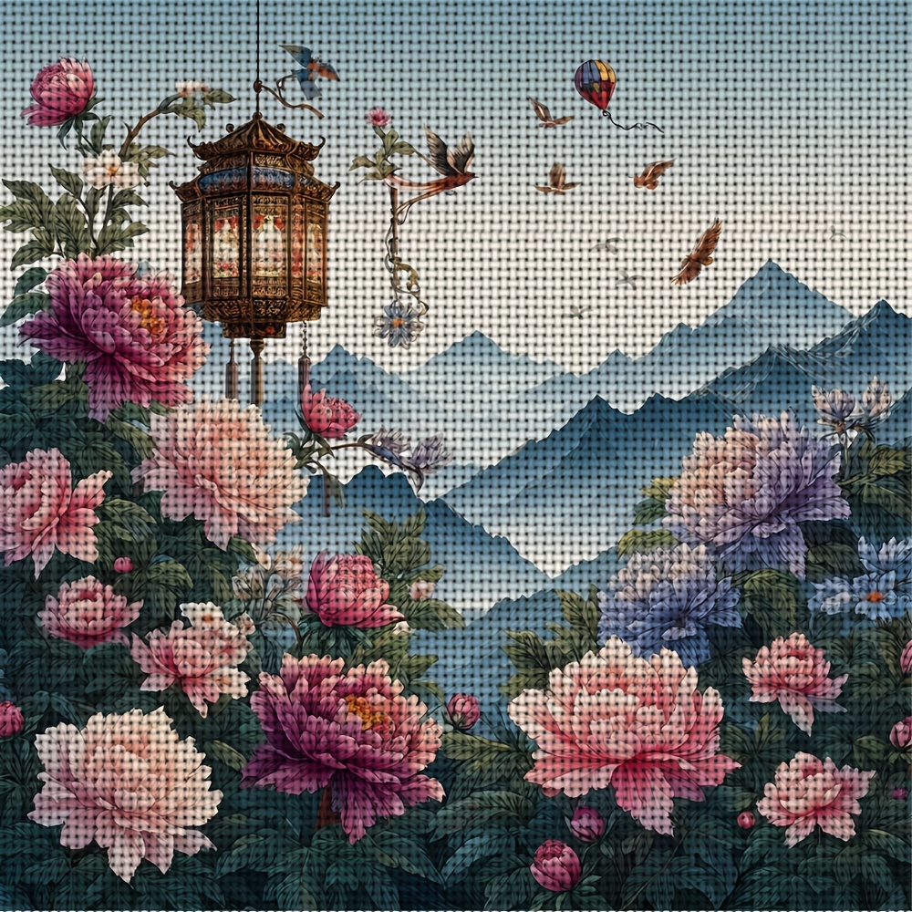 Frameless Cross-Stitch Printed Kit, "Peonies, Lanterns, and Landscape" Design