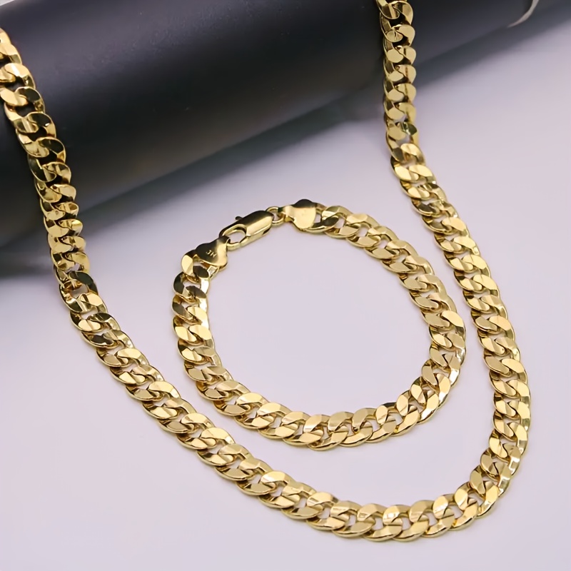 

1 Set Cuban Link Chain Jewelry, Goldene Iron Necklace And Bracelet, Fashion Hip Hop Style, No Pendant, For Sports, Parties, And Music Festivals