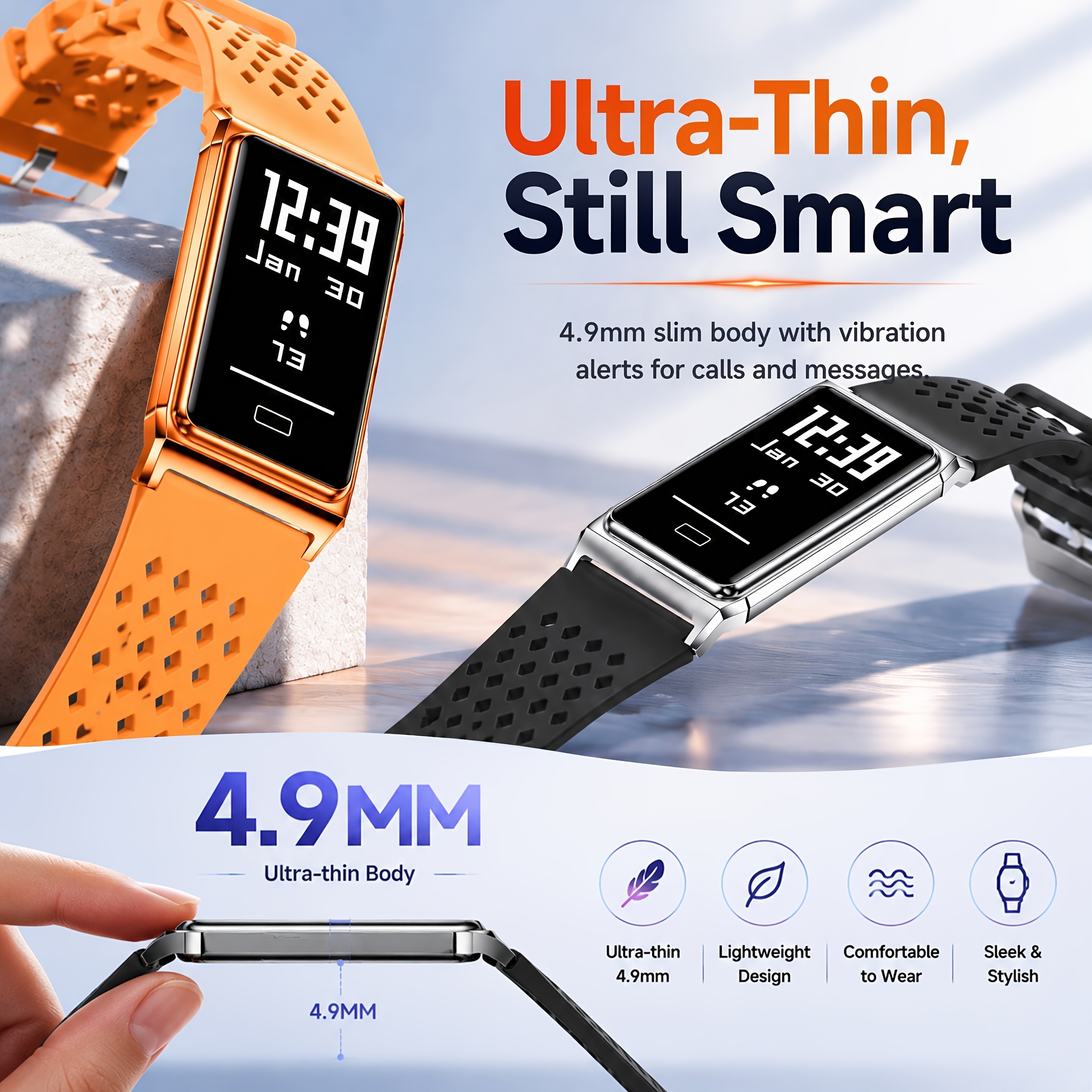 Strakke Zwarte Ultradunne Slimme Armband voor Mannen en Vrouwen, Smartwatch, Lichtgewicht Fitnesstracker voor Dagelijks Comfort, 10+ Dagen Batterijduur, Activiteiten-stappenteller met 24/7 Gezondheids- en Slaapmonitor, IPX8 Waterdicht Sporthorloge, Aanraakbediening, Cadeau