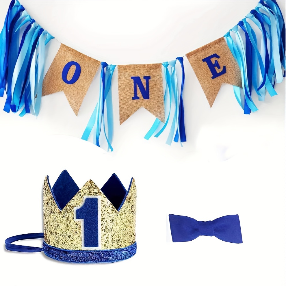 

1st Birthday Decorations Set With High Chair Banner, Crown & Bow Tie - Fabric Bunting For First Birthday, Gender Reveal, Baptism & More - Room & Garden Decor Kit, Non-electric (3pc)