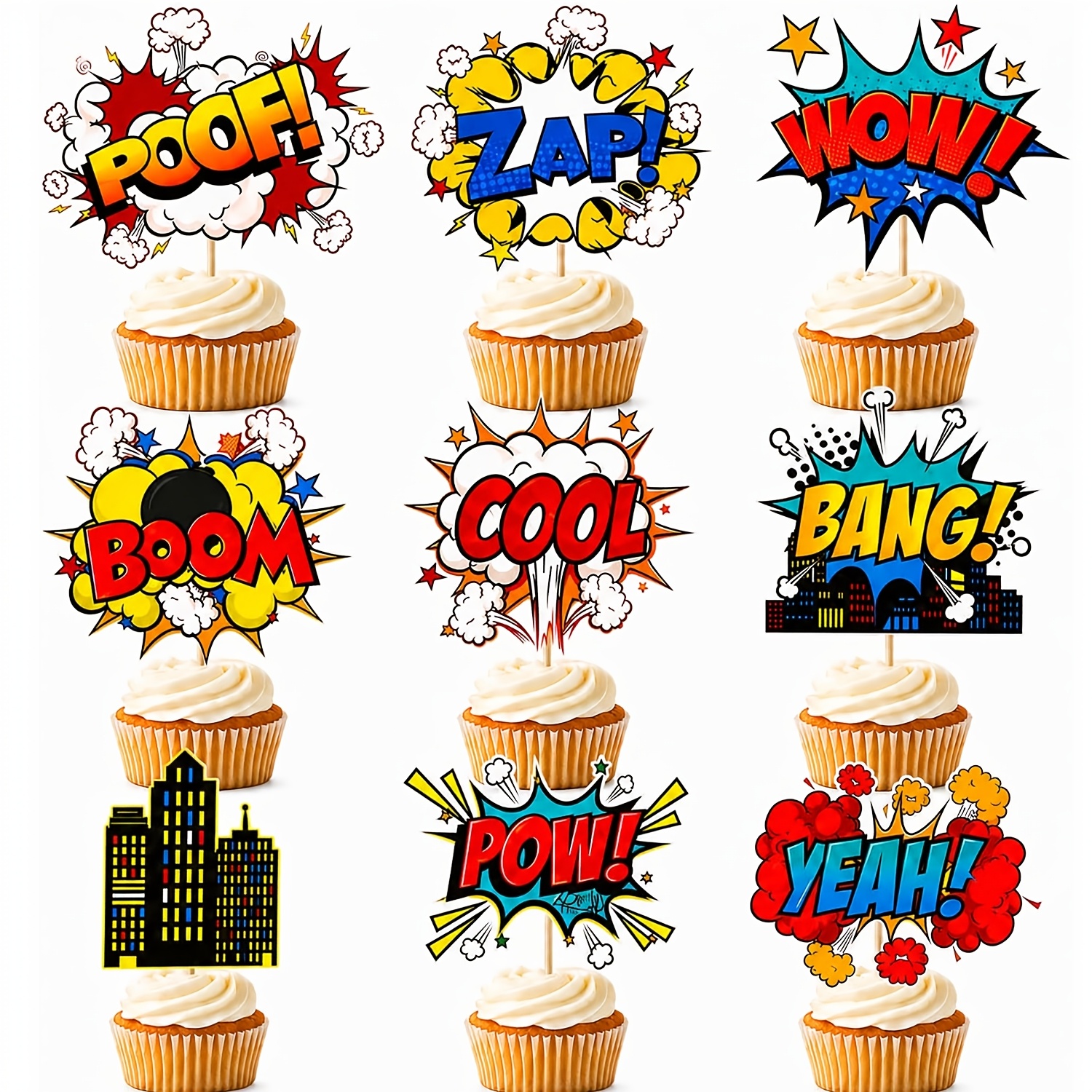 TEMU 18pcs For Hero Cupcake Toppers | For Hero Decorations Smash Crash Pow Picks For Hero Theme Birthday Party Cake Decor Supplies