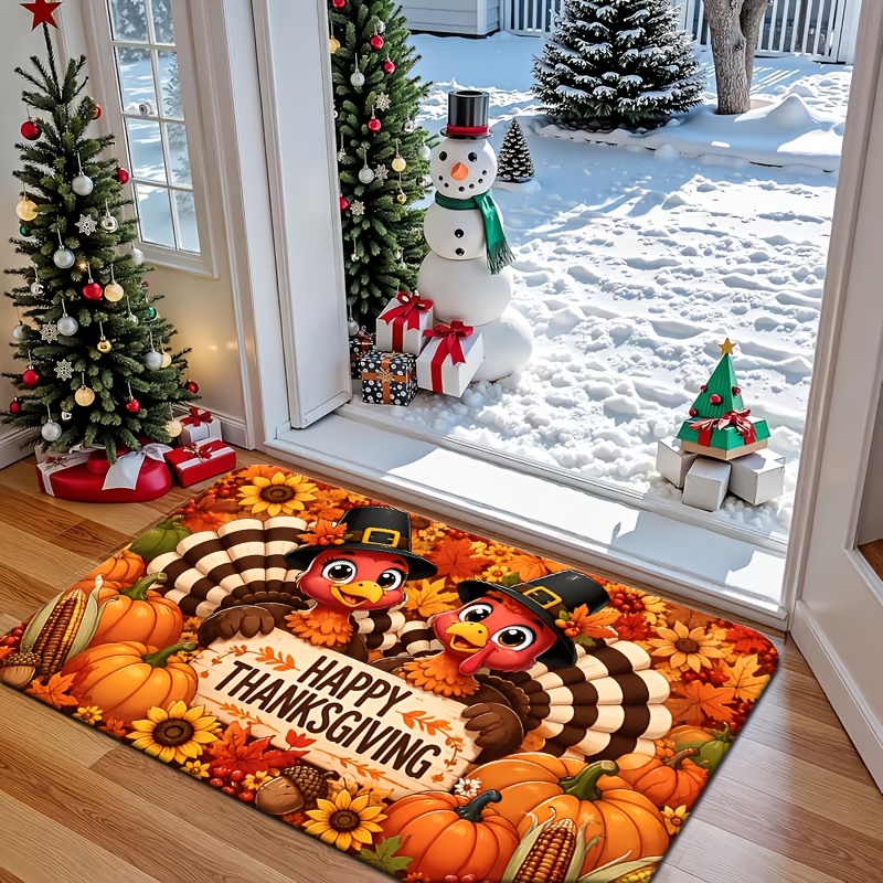 TEMU 2d Colorful Thanksgiving Doormat, Turkey Pumpkin Maple Leaf Print Flannel Entrance Rug, Machine Washable, Soft, Comfortable, And Non-slip.